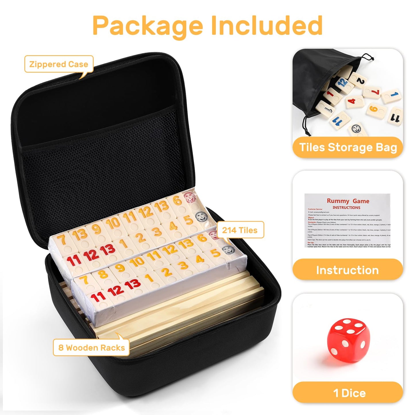 uvcany Rummy Cube 8-Player Edition — 214 Tiles, 8 Wooden Racks, Zippered Case