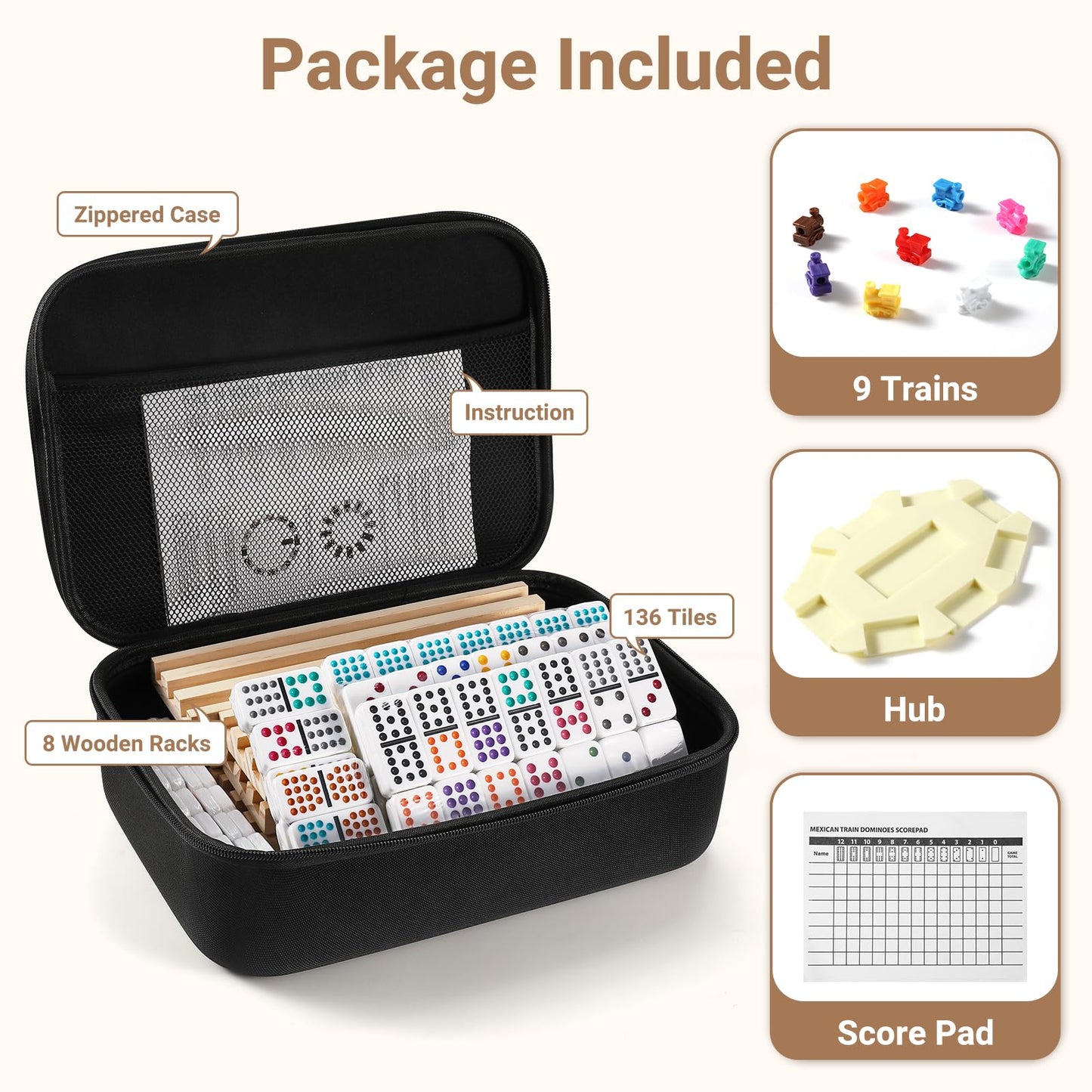 uvcany Mexican Train Dominoes Set – 136 Colored Double-15 Tiles, 8 Wooden Racks, Zippered Case