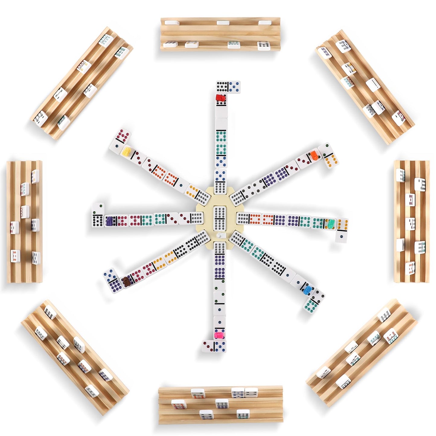 uvcany Mexican Train Dominoes Set — 91 Tiles, 8 Wooden Trays, Portable Case | Double 12 Family Game Kit