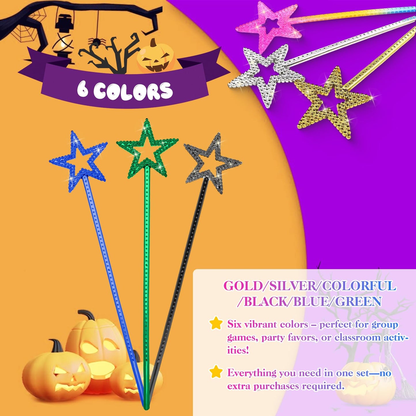 UYUOO 6-Pack Magic Wand for Kids – 13-Inch Fairy Star Wands for Dress-Up, Parties & Cosplay