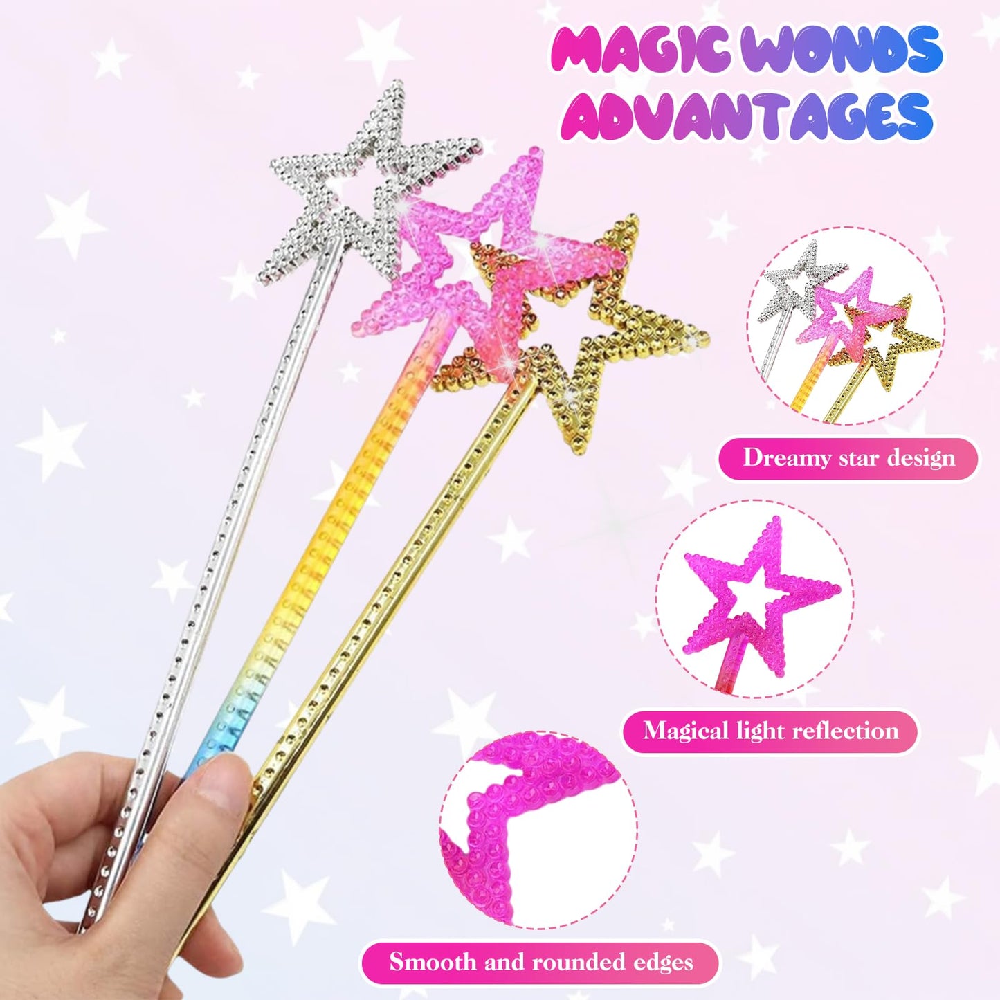 UYUOO 6-Pack Magic Wand for Kids – 13-Inch Fairy Star Wands for Dress-Up, Parties & Cosplay