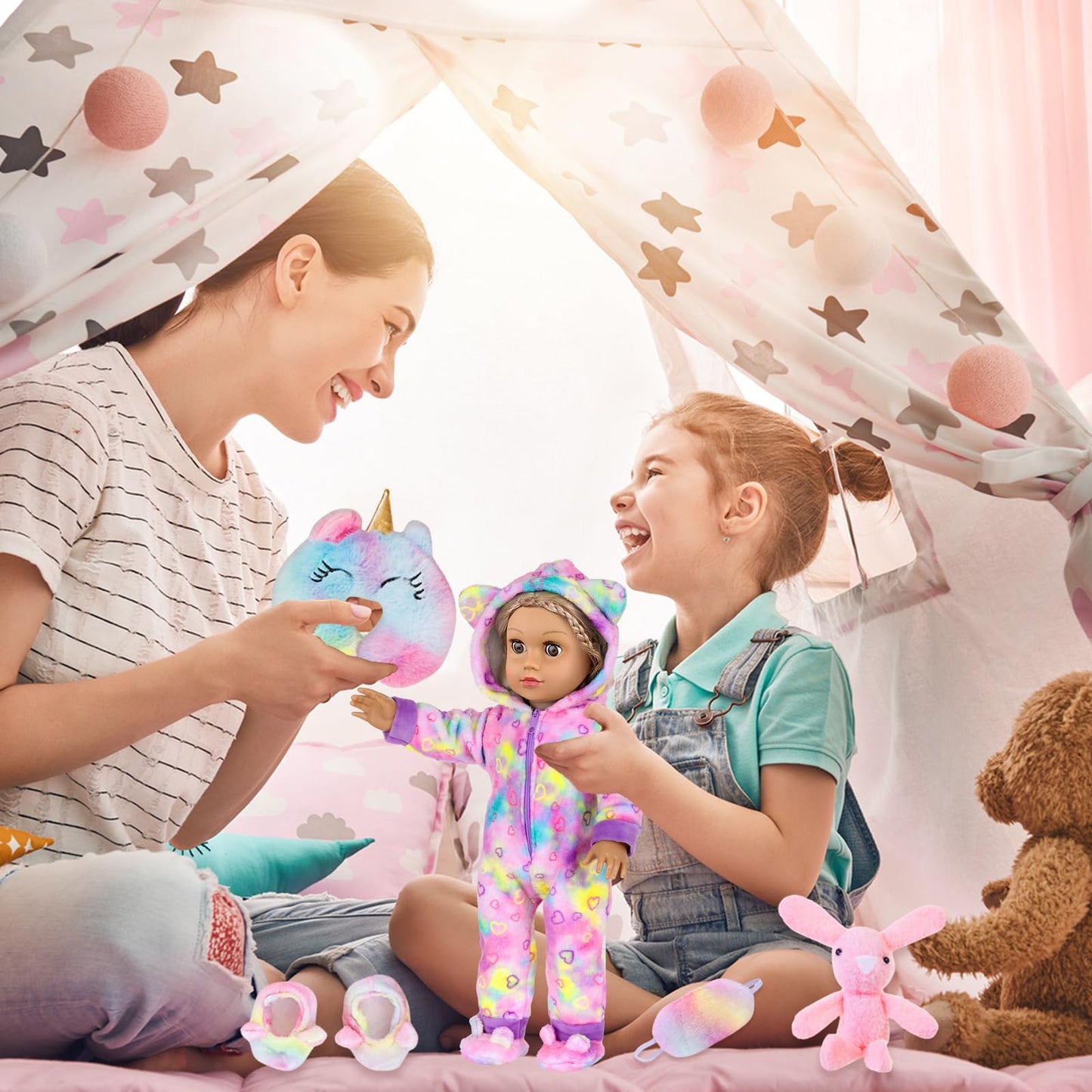 UZIDBTO 18-Inch Doll Sleepover Outfit Set – Rainbow Unicorn Costume, Pillow, Eye Mask & Shoes