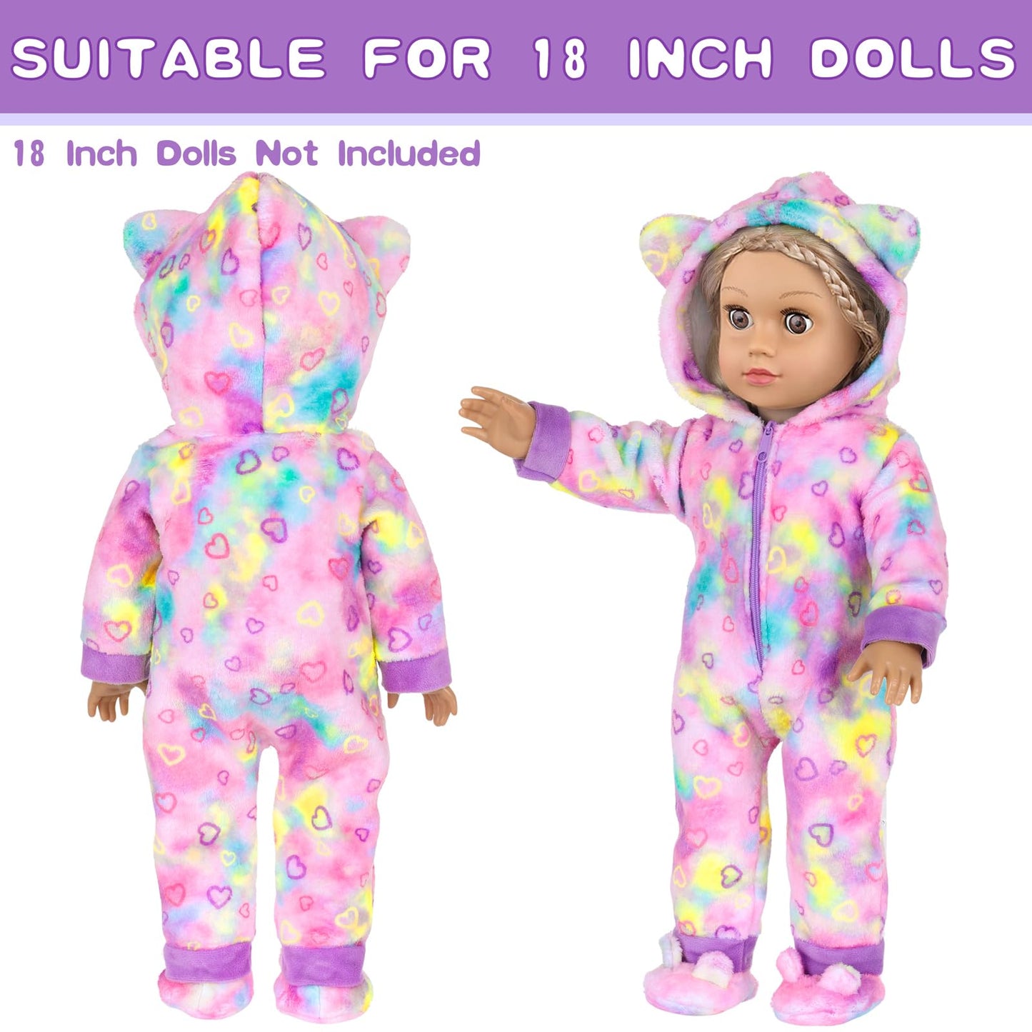 UZIDBTO 18-Inch Doll Sleepover Outfit Set – Rainbow Unicorn Costume, Pillow, Eye Mask & Shoes