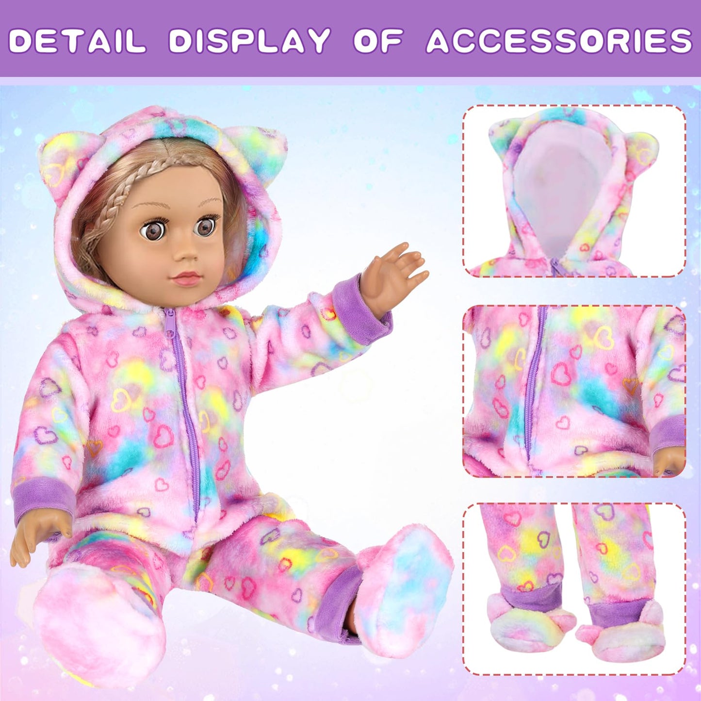 UZIDBTO 18-Inch Doll Sleepover Outfit Set – Rainbow Unicorn Costume, Pillow, Eye Mask & Shoes