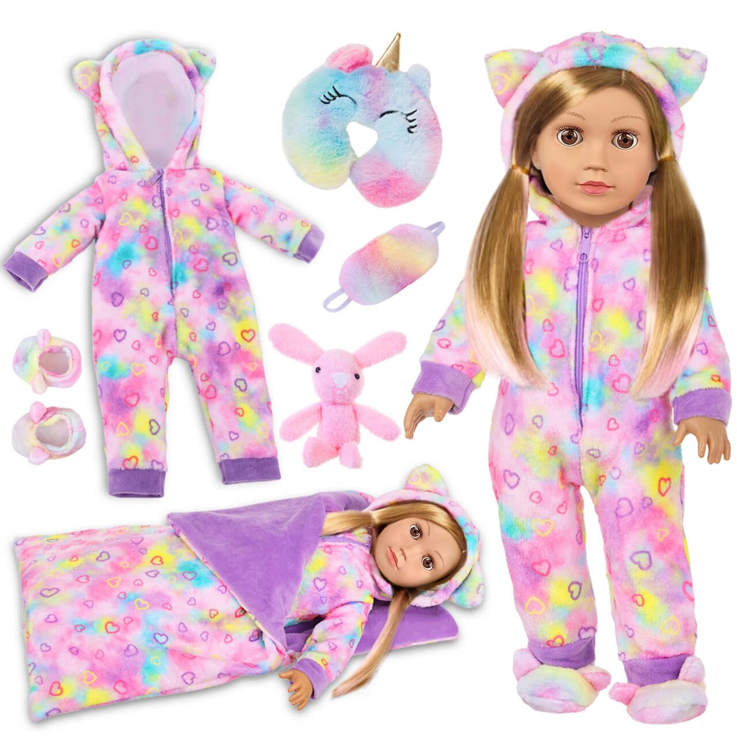 UZIDBTO 18-Inch Doll Sleepover Outfit Set – Rainbow Unicorn Costume, Pillow, Eye Mask & Shoes