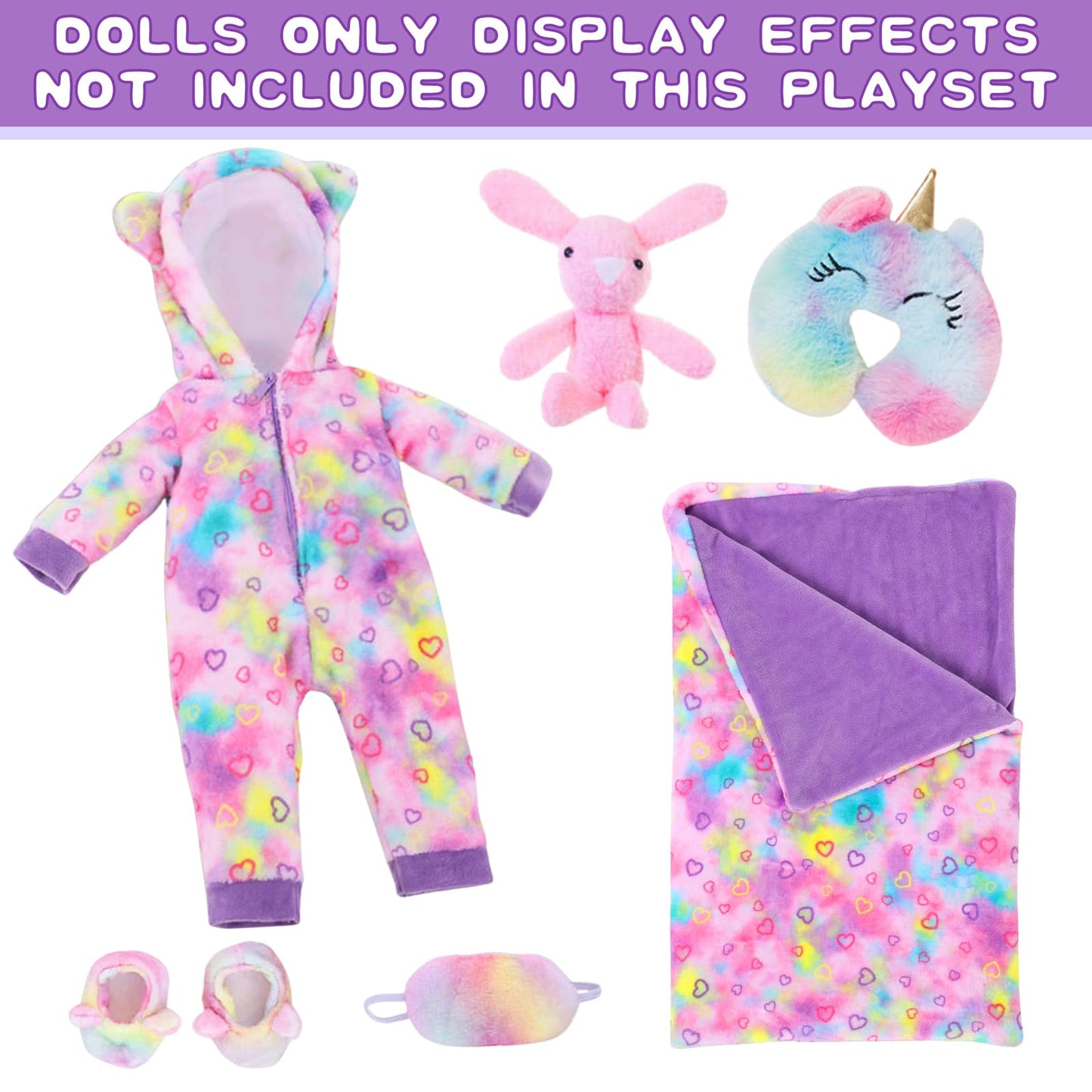 UZIDBTO 18-Inch Doll Sleepover Outfit Set – Rainbow Unicorn Costume, Pillow, Eye Mask & Shoes