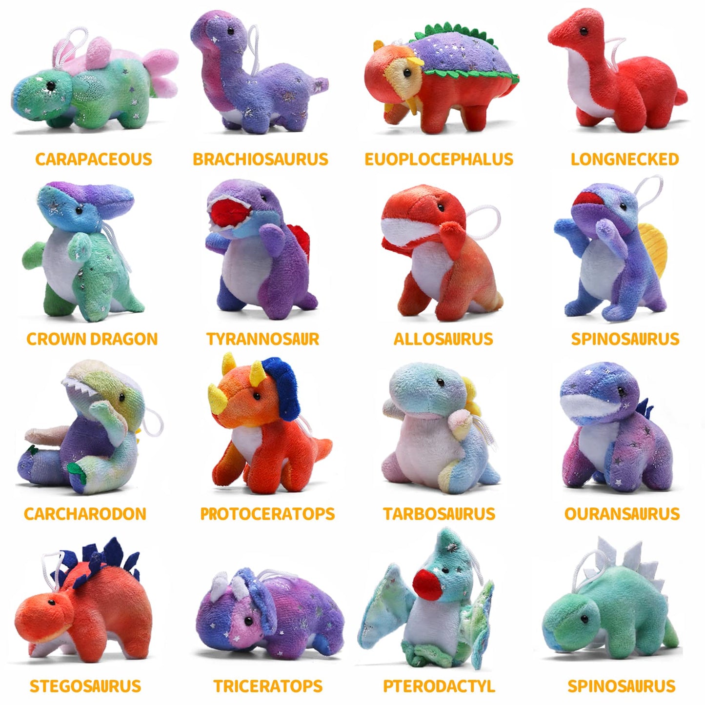 Uzoxlsn Dinosaur Plush Set – 16 Pack, Mini 4.5in Dino Keychains for Party Favors & Prizes