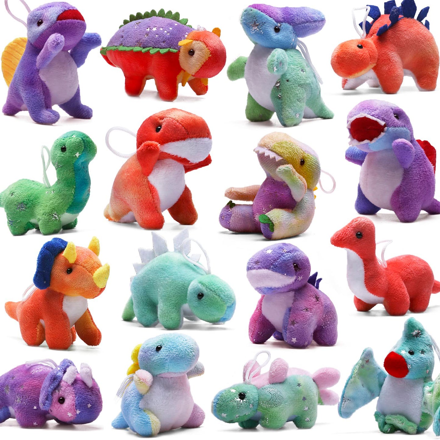 Uzoxlsn Dinosaur Plush Set – 16 Pack, Mini 4.5in Dino Keychains for Party Favors & Prizes