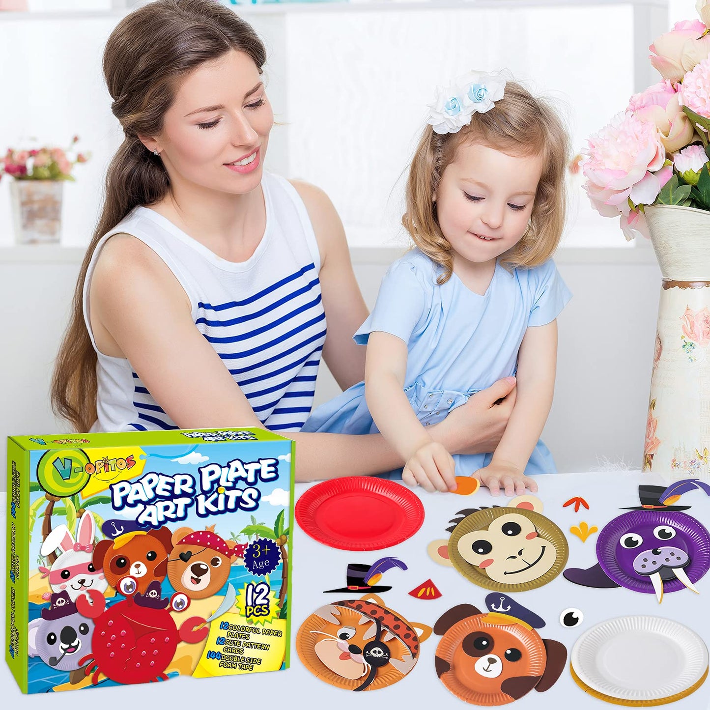 V-Opitos Arts and Crafts Kits for Kids - 12 Pack Paper Plate Animal Crafts for Ages 3-5
