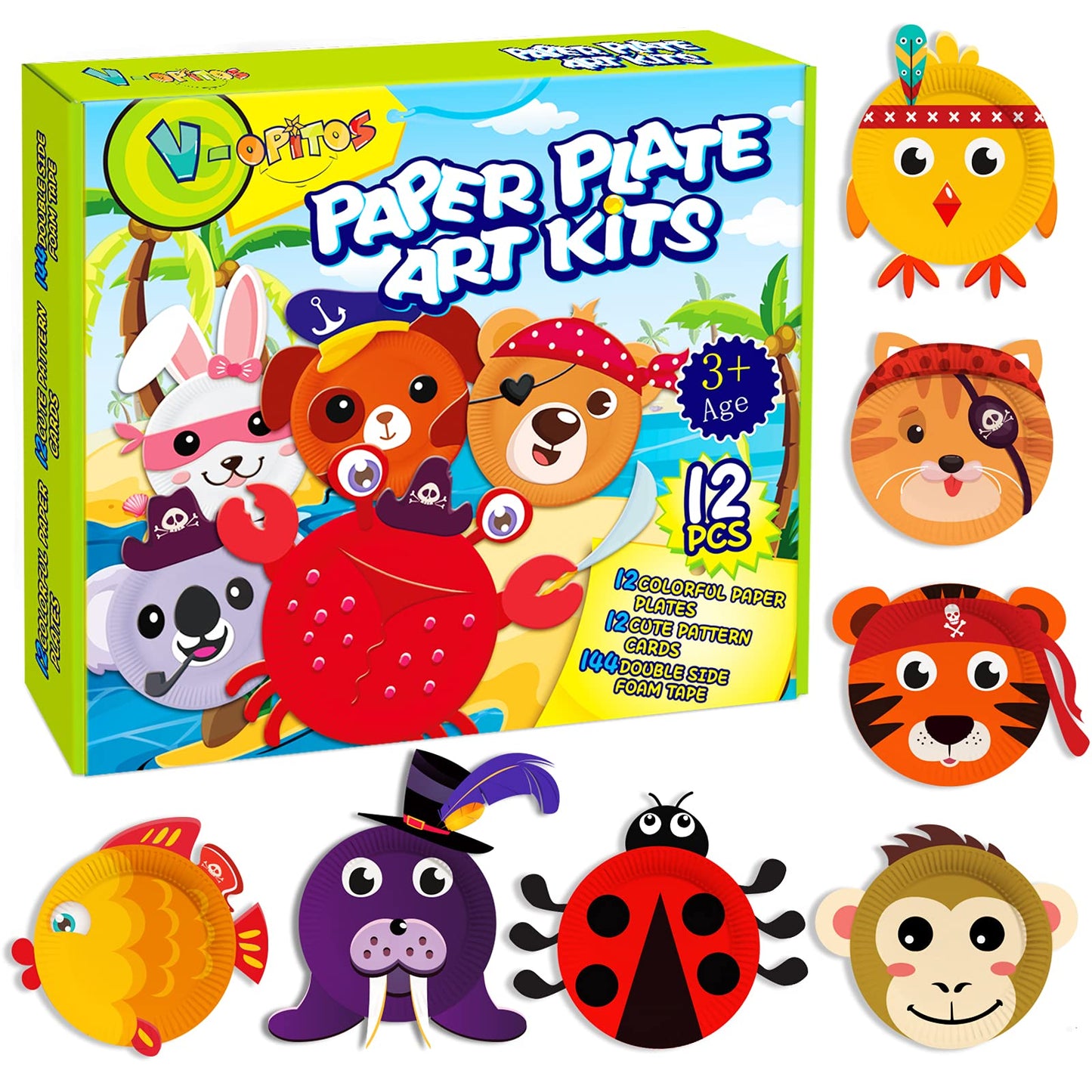V-Opitos Arts and Crafts Kits for Kids - 12 Pack Paper Plate Animal Crafts for Ages 3-5