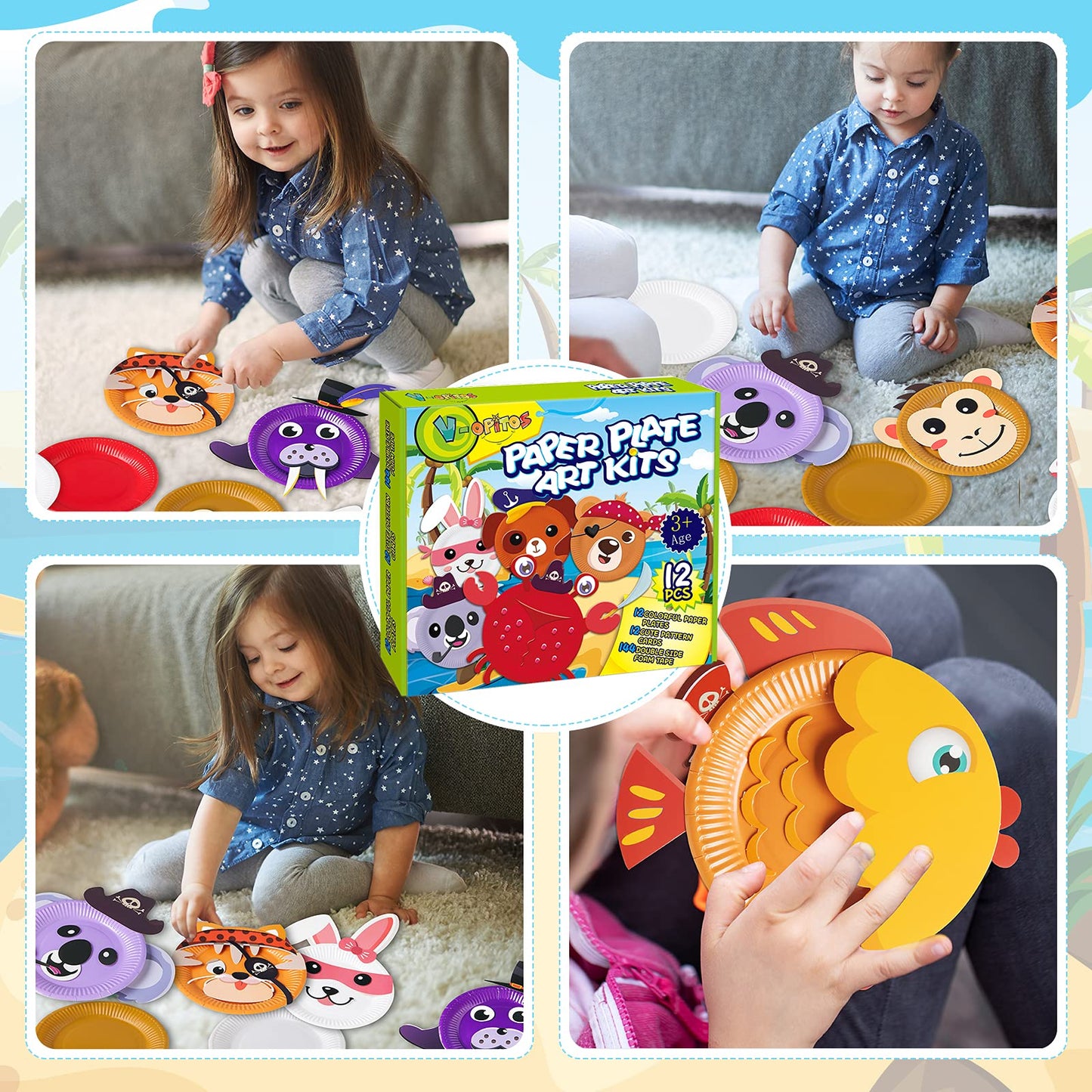 V-Opitos Arts and Crafts Kits for Kids - 12 Pack Paper Plate Animal Crafts for Ages 3-5
