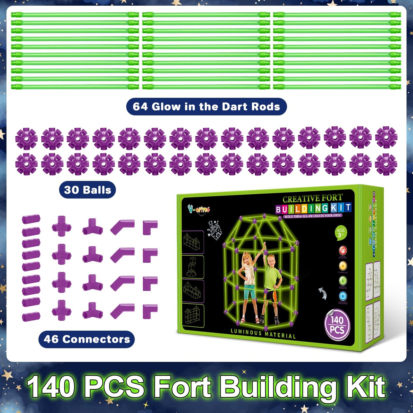 V-Opitos 140 Pack Glow Fort Building Kit for Kids | STEM DIY Castles & Tunnels