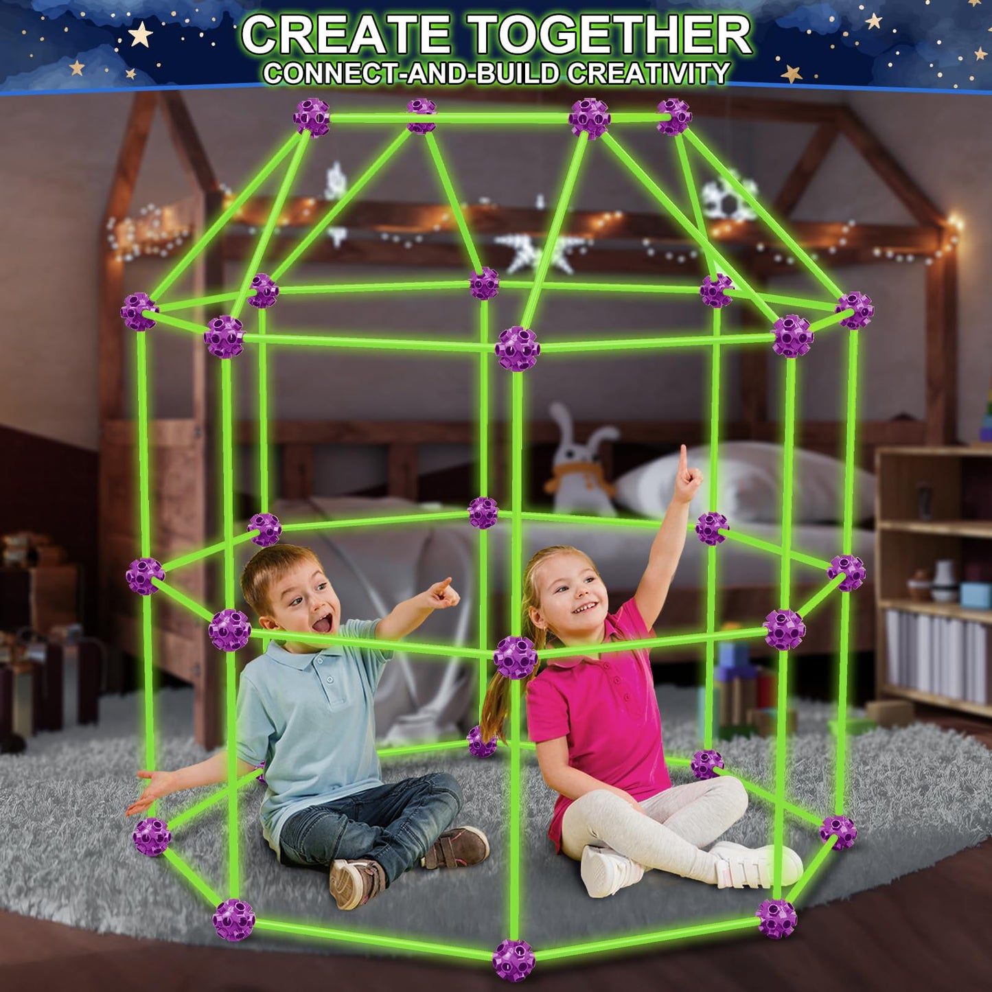 V-Opitos 140 Pack Glow Fort Building Kit for Kids | STEM DIY Castles & Tunnels