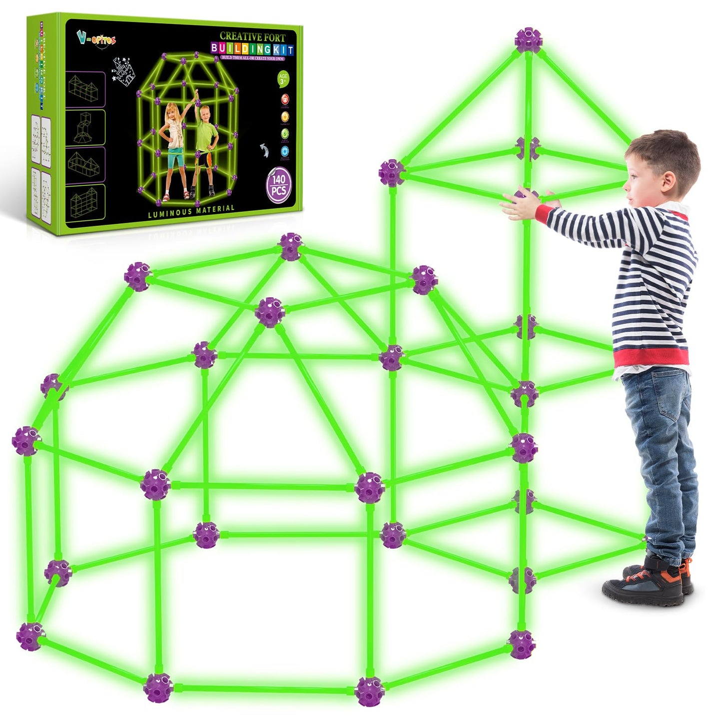 V-Opitos 140 Pack Glow Fort Building Kit for Kids | STEM DIY Castles & Tunnels