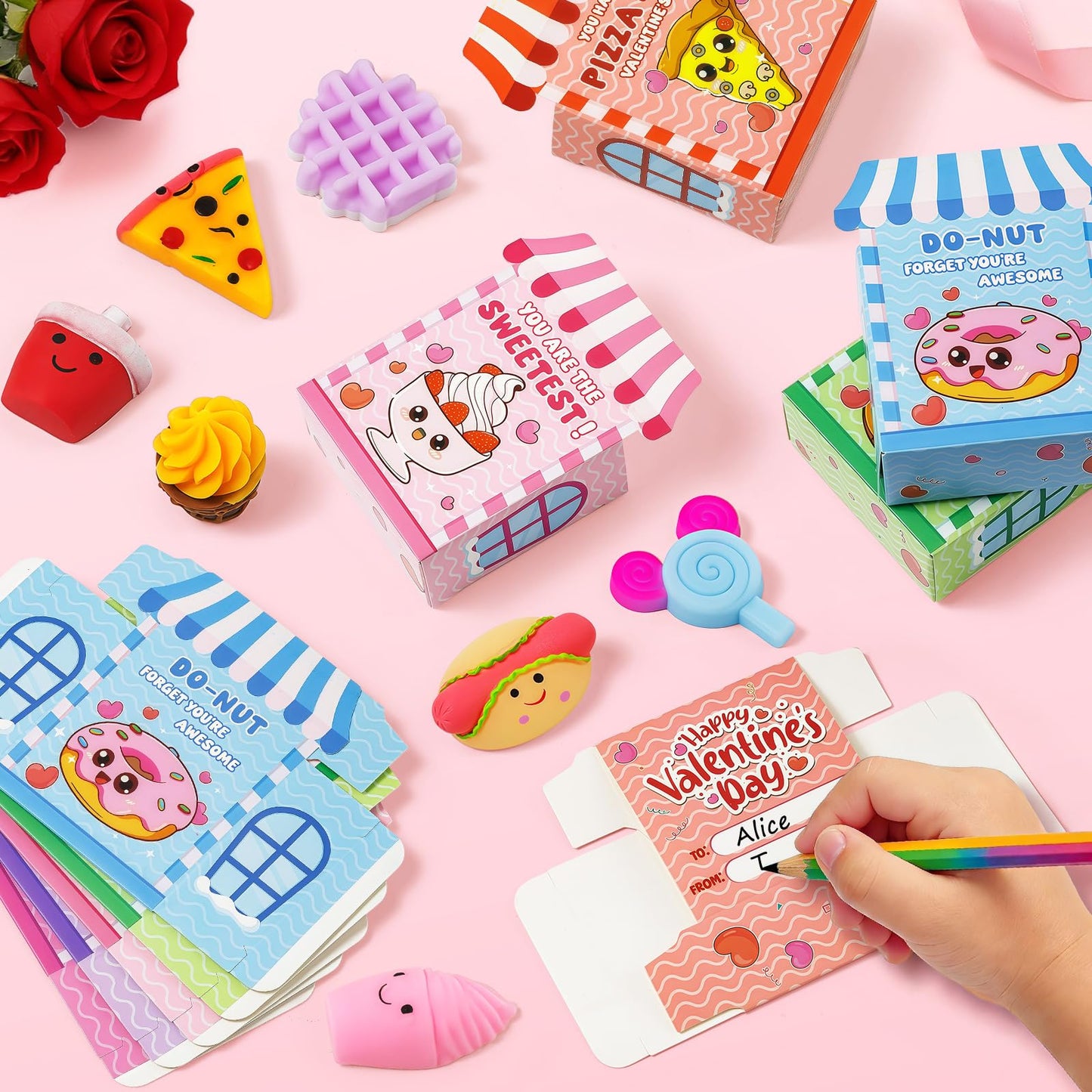V-Opitos Valentines Day Cards for Kids – 32 Dessert-Themed Cards & Squeeze Toys