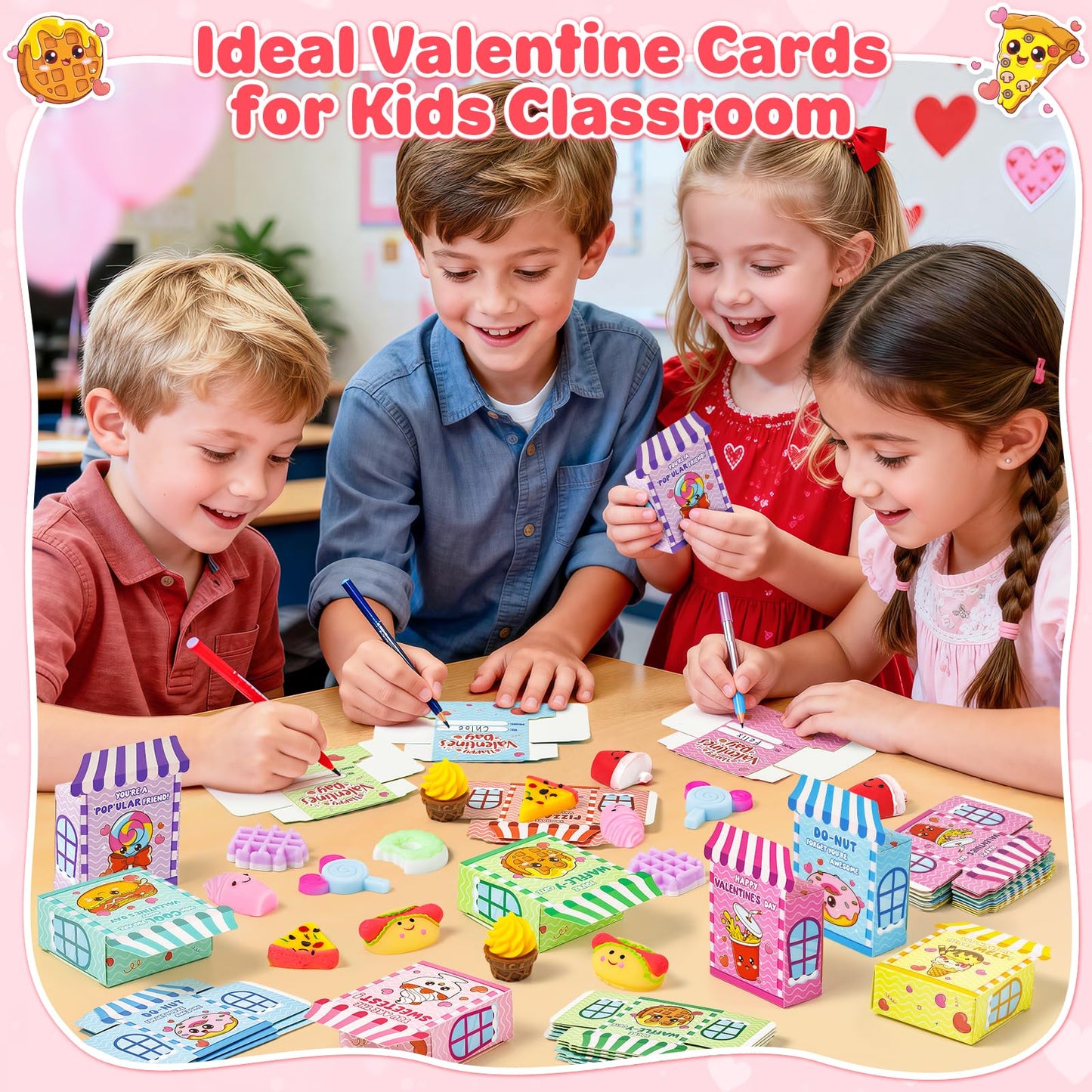 V-Opitos Valentines Day Cards for Kids – 32 Dessert-Themed Cards & Squeeze Toys