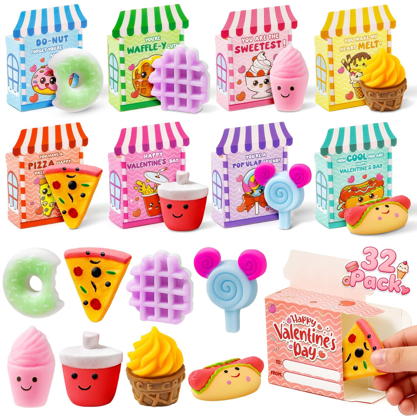 V-Opitos Valentines Day Cards for Kids – 32 Dessert-Themed Cards & Squeeze Toys