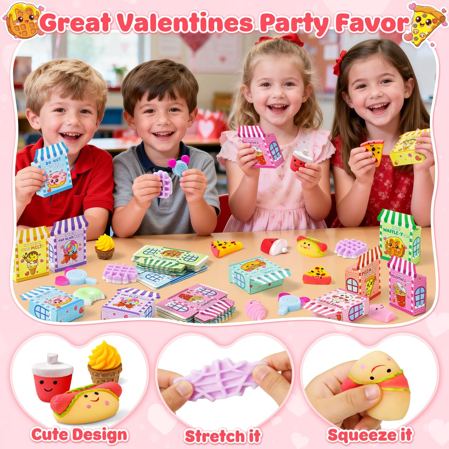 V-Opitos Valentines Day Cards for Kids – 32 Dessert-Themed Cards & Squeeze Toys