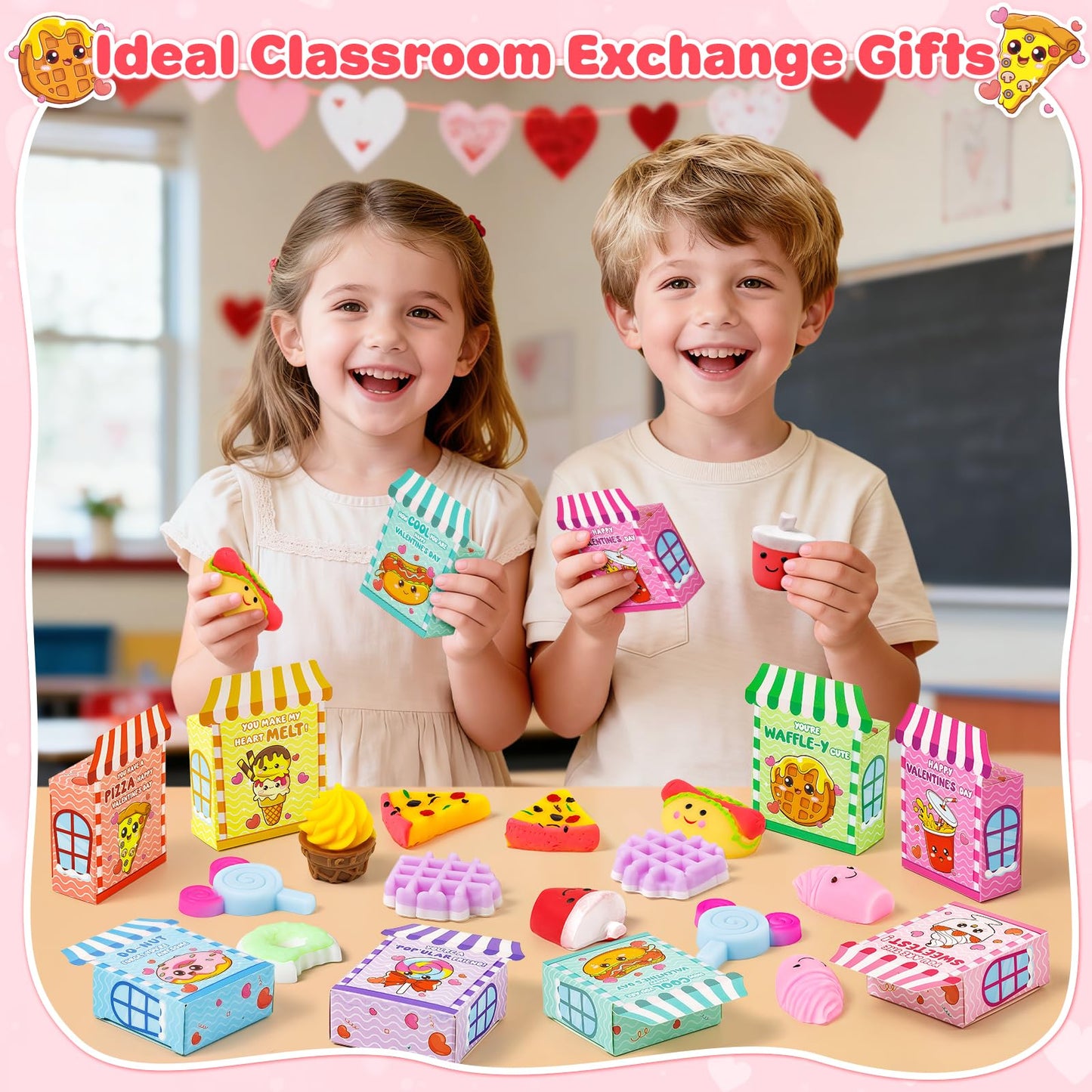 V-Opitos Valentines Day Cards for Kids – 32 Dessert-Themed Cards & Squeeze Toys