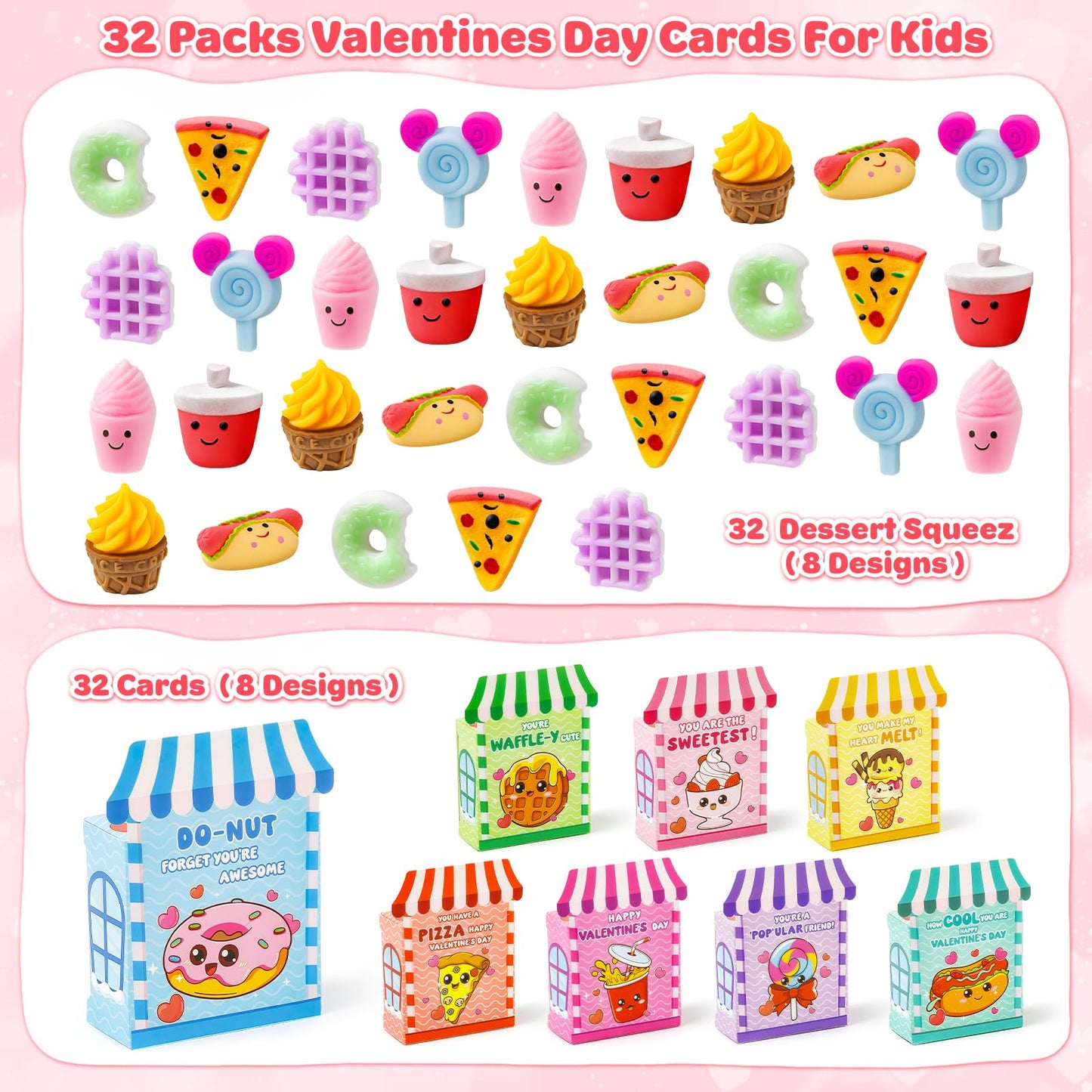 V-Opitos Valentines Day Cards for Kids – 32 Dessert-Themed Cards & Squeeze Toys