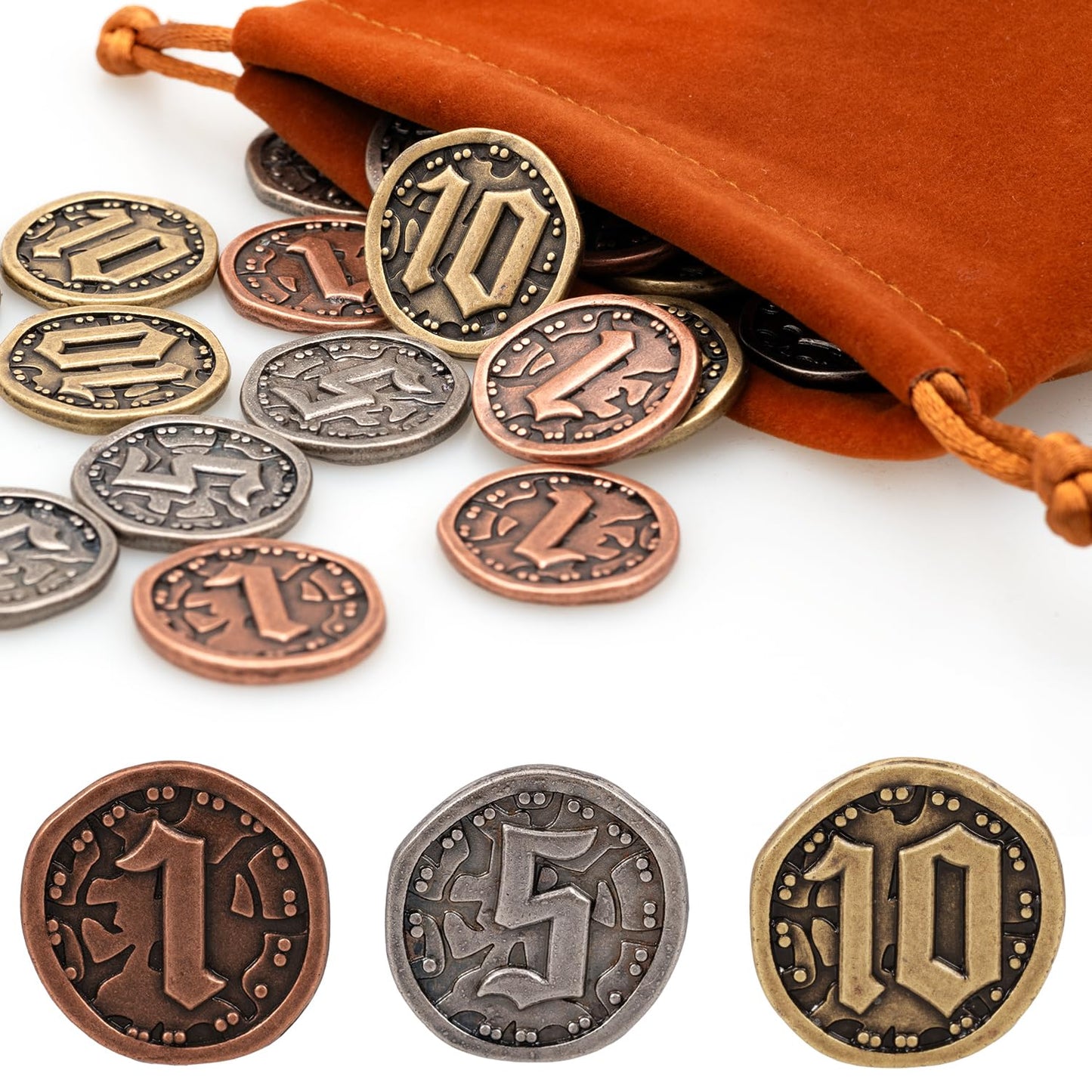 v2croft 30 PCS Metal Coins for Board Games – Gold Silver Copper Tokens with Face Value 1/5/10