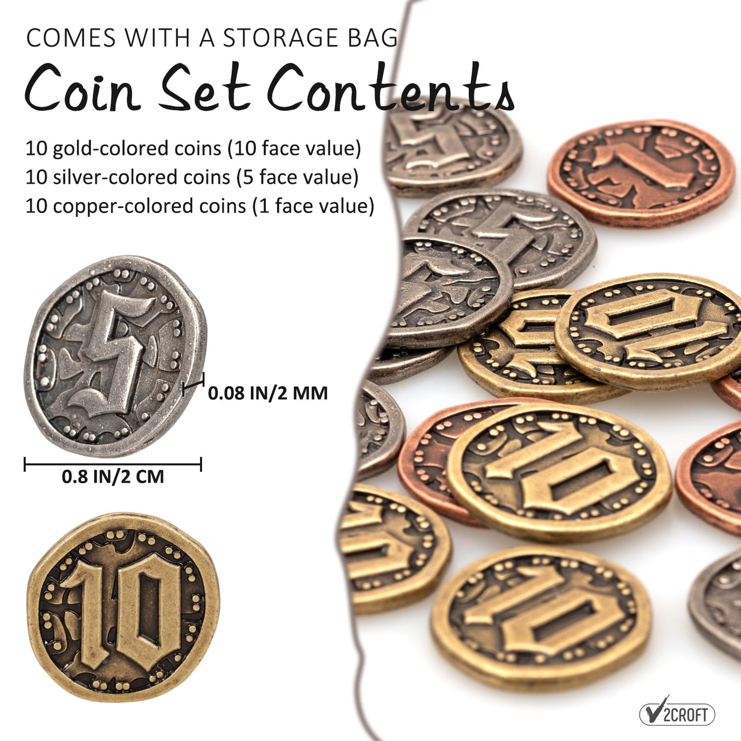 v2croft 30 PCS Metal Coins for Board Games – Gold Silver Copper Tokens with Face Value 1/5/10