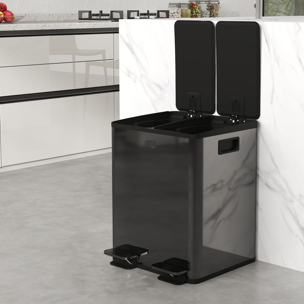 HOMCOM 2 x 20L Dual Kitchen Bin Pedal Bin for Recycling and Waste