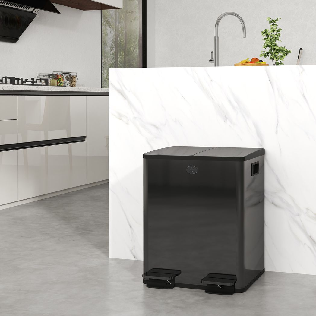 HOMCOM 2 x 20L Dual Kitchen Bin Pedal Bin for Recycling and Waste