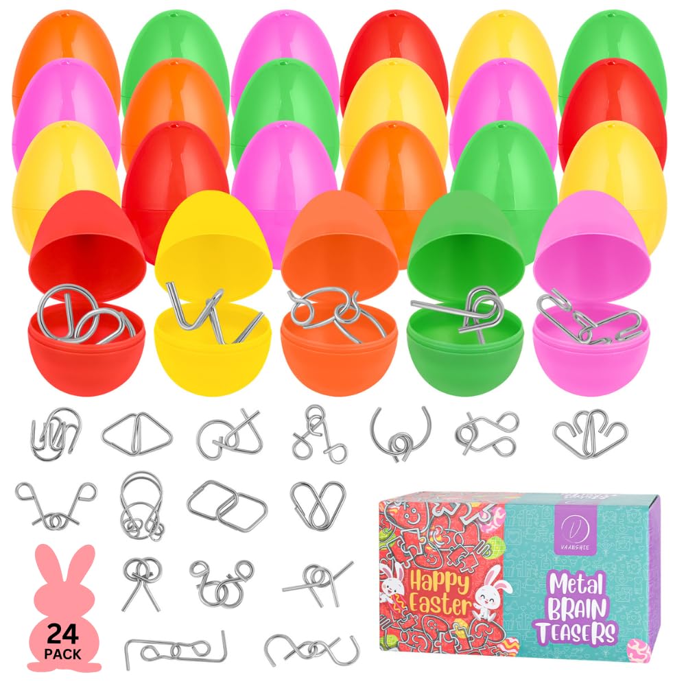 Vaanshie 24 Pack Easter Eggs with Metal Brain Teasers – Pre-filled Puzzles & Instruction Cards