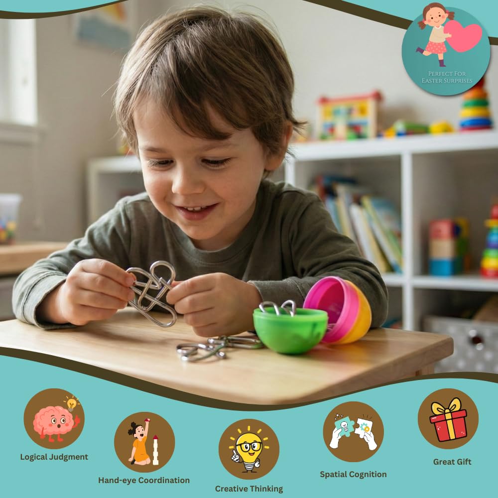 Vaanshie 24 Pack Easter Eggs with Metal Brain Teasers – Pre-filled Puzzles & Instruction Cards