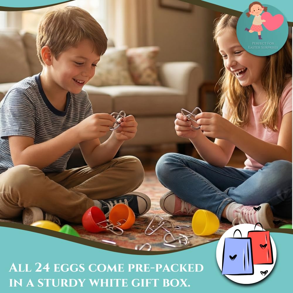 Vaanshie 24 Pack Easter Eggs with Metal Brain Teasers – Pre-filled Puzzles & Instruction Cards