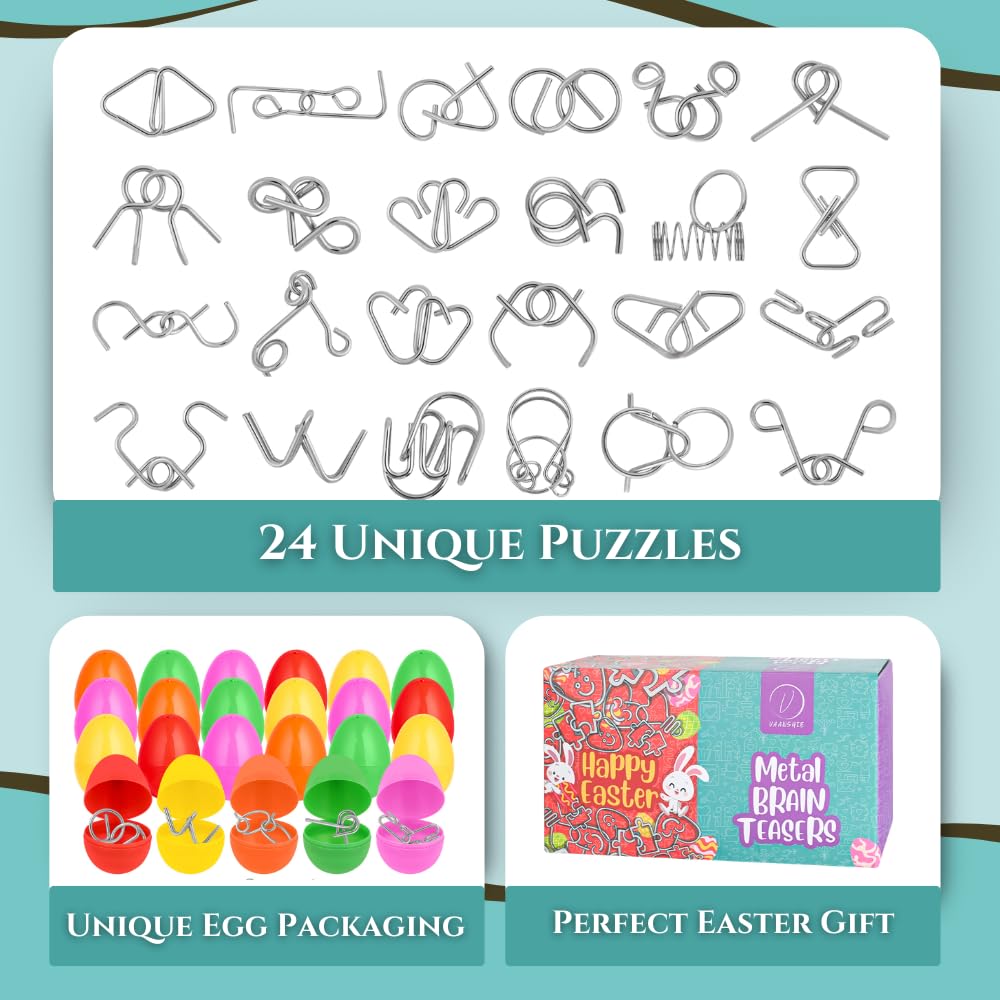 Vaanshie 24 Pack Easter Eggs with Metal Brain Teasers – Pre-filled Puzzles & Instruction Cards