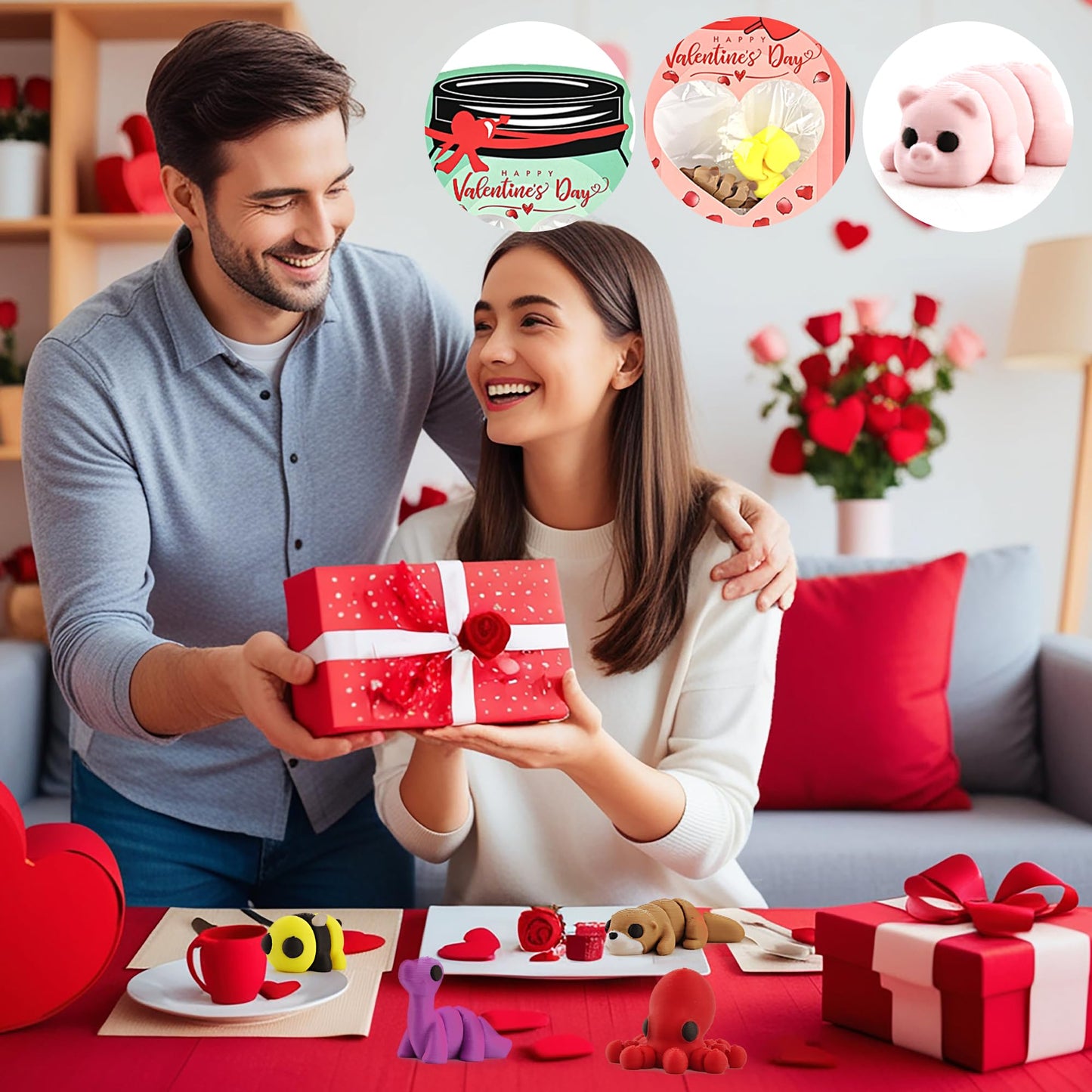 VABAO 24 Valentines Day Cards with 48 Articulated 3D-Printed Animal Figurines