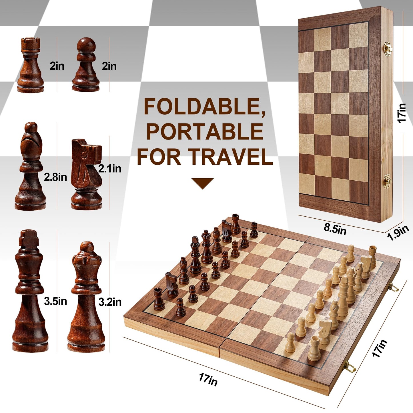 Vahome 17-Inch Magnetic Chess Set — Foldable Wooden Board for Adults & Kids