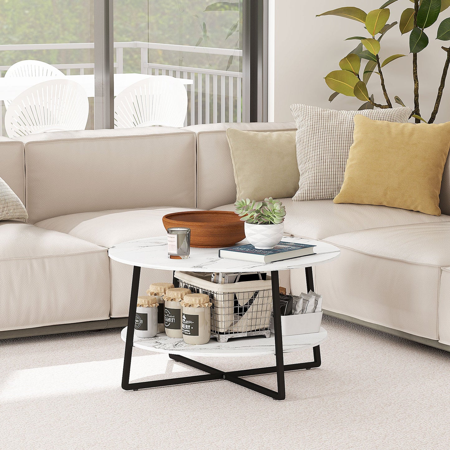 HOMCOM Round Coffee Table with Storage Shelf and Marble Effect Top, White
