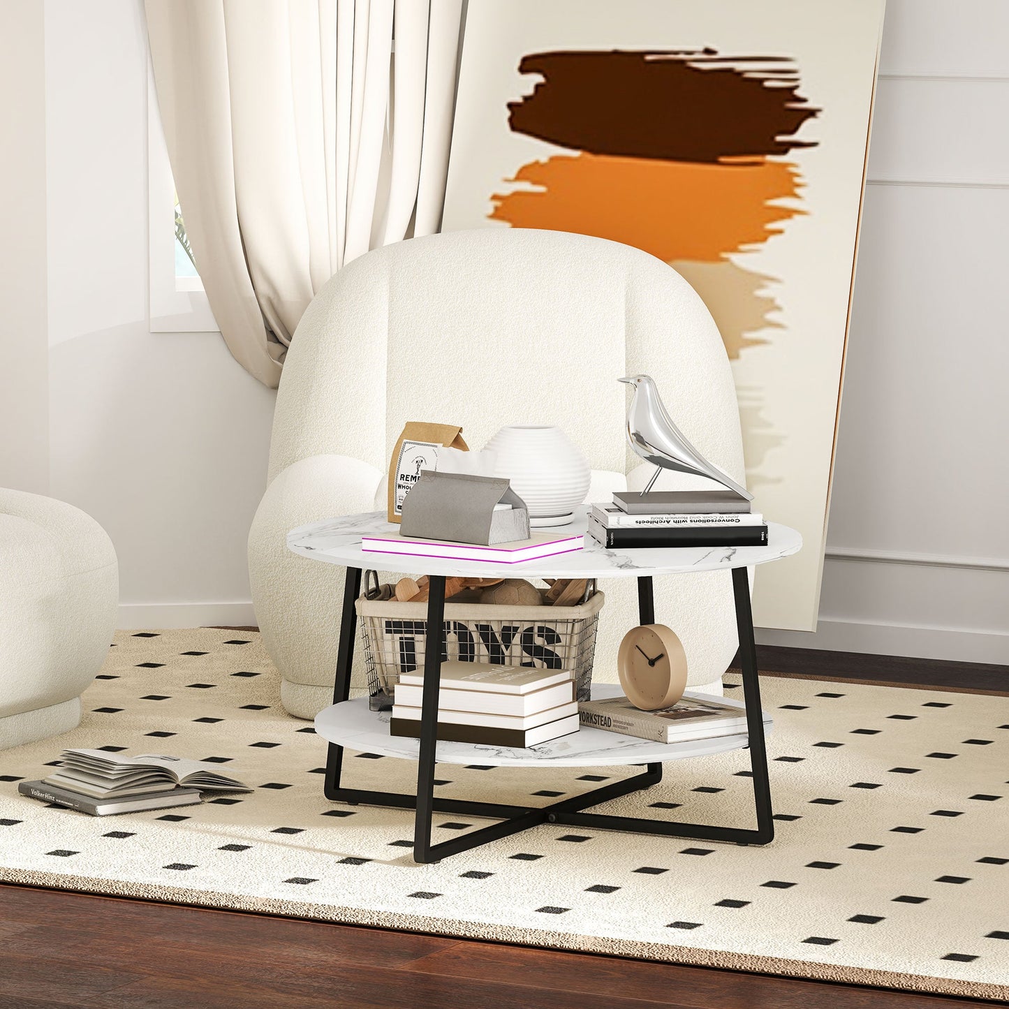 HOMCOM Round Coffee Table with Storage Shelf and Marble Effect Top, White