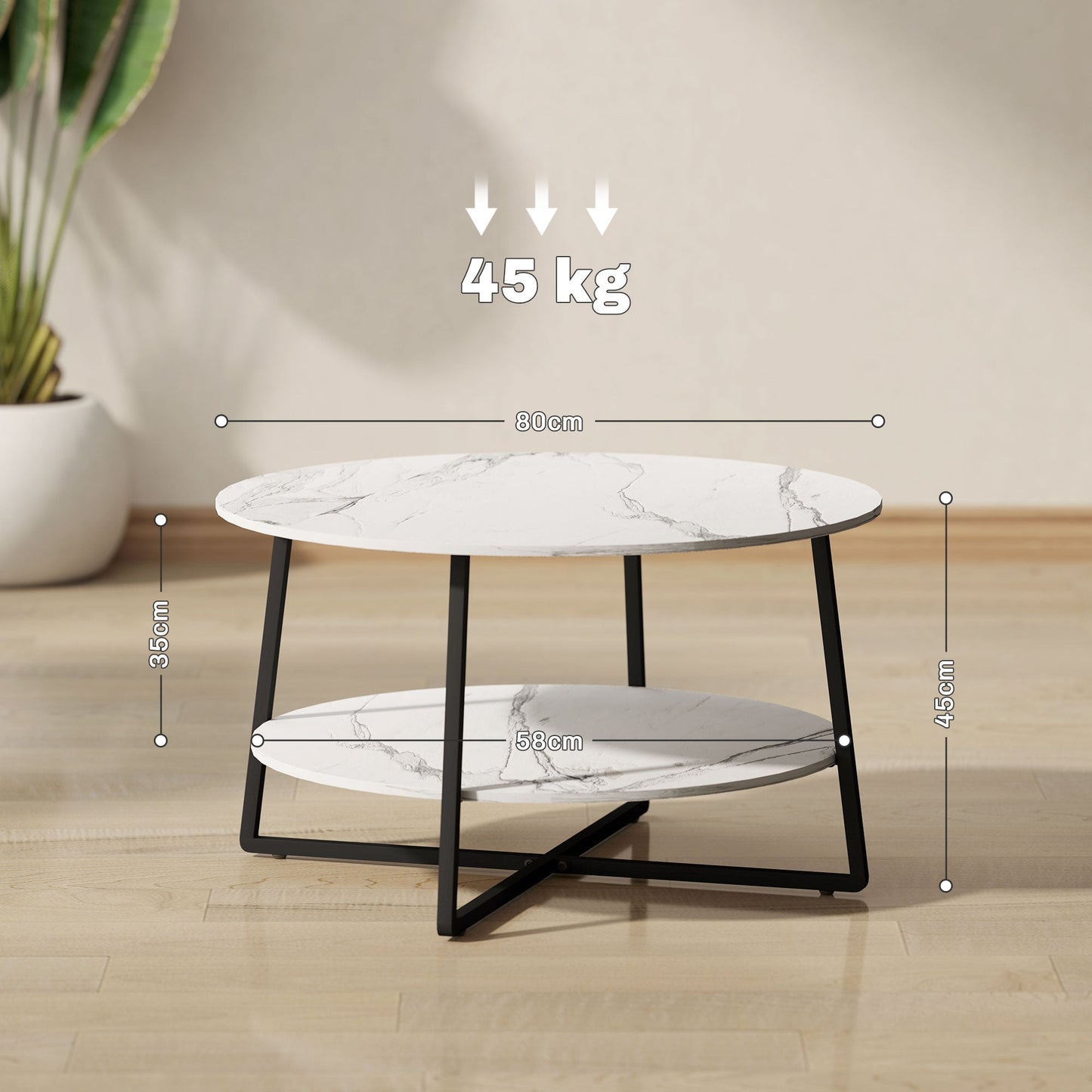 HOMCOM Round Coffee Table with Storage Shelf and Marble Effect Top, White