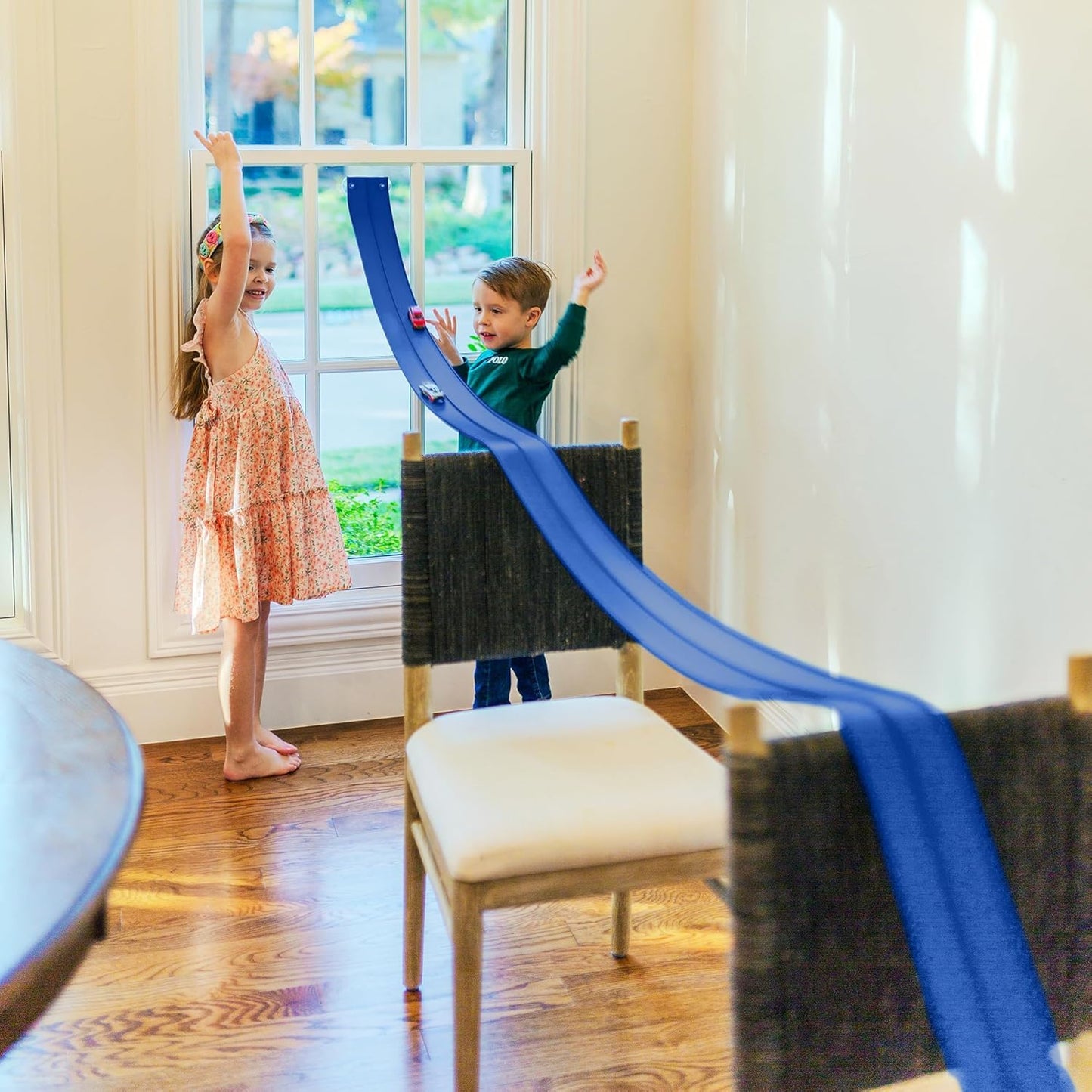 Valchemist FlexTrack 5000 – 15 ft Flexible Race Track with Suction Cups, Hot Wheels/1:64 Compatible, Rolls Up (Racing Blue)