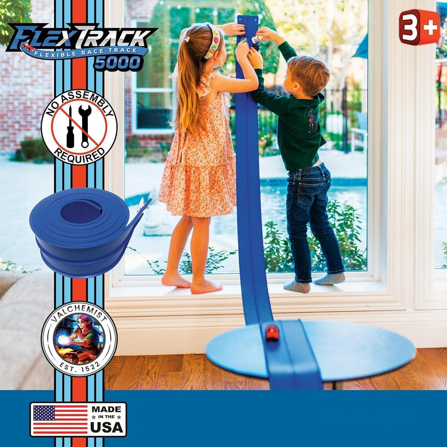 Valchemist FlexTrack 5000 – 15 ft Flexible Race Track with Suction Cups, Hot Wheels/1:64 Compatible, Rolls Up (Racing Blue)