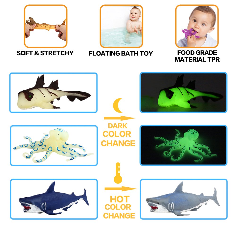 ValeforToy Ocean Sea Animal Bath Toy Set — 8-Inch Floating TPR, Color-Changing (8 Pack Random)