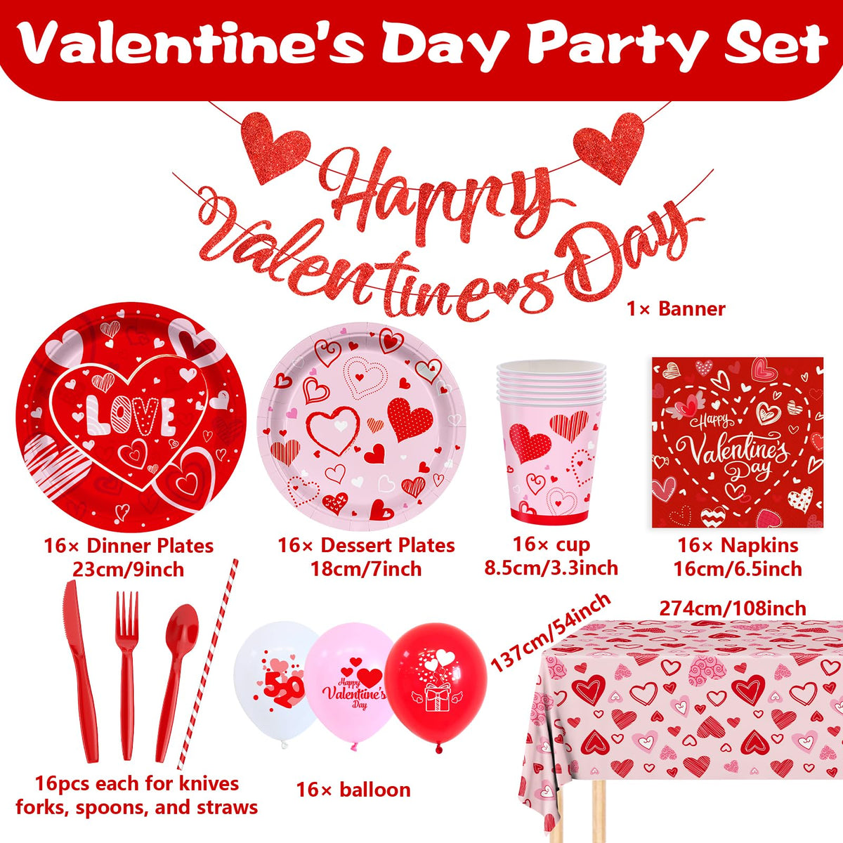 Valentine's Day Party Supplies – Serve 16 with Heart Plates, Napkins, Cups & Tablecloth
