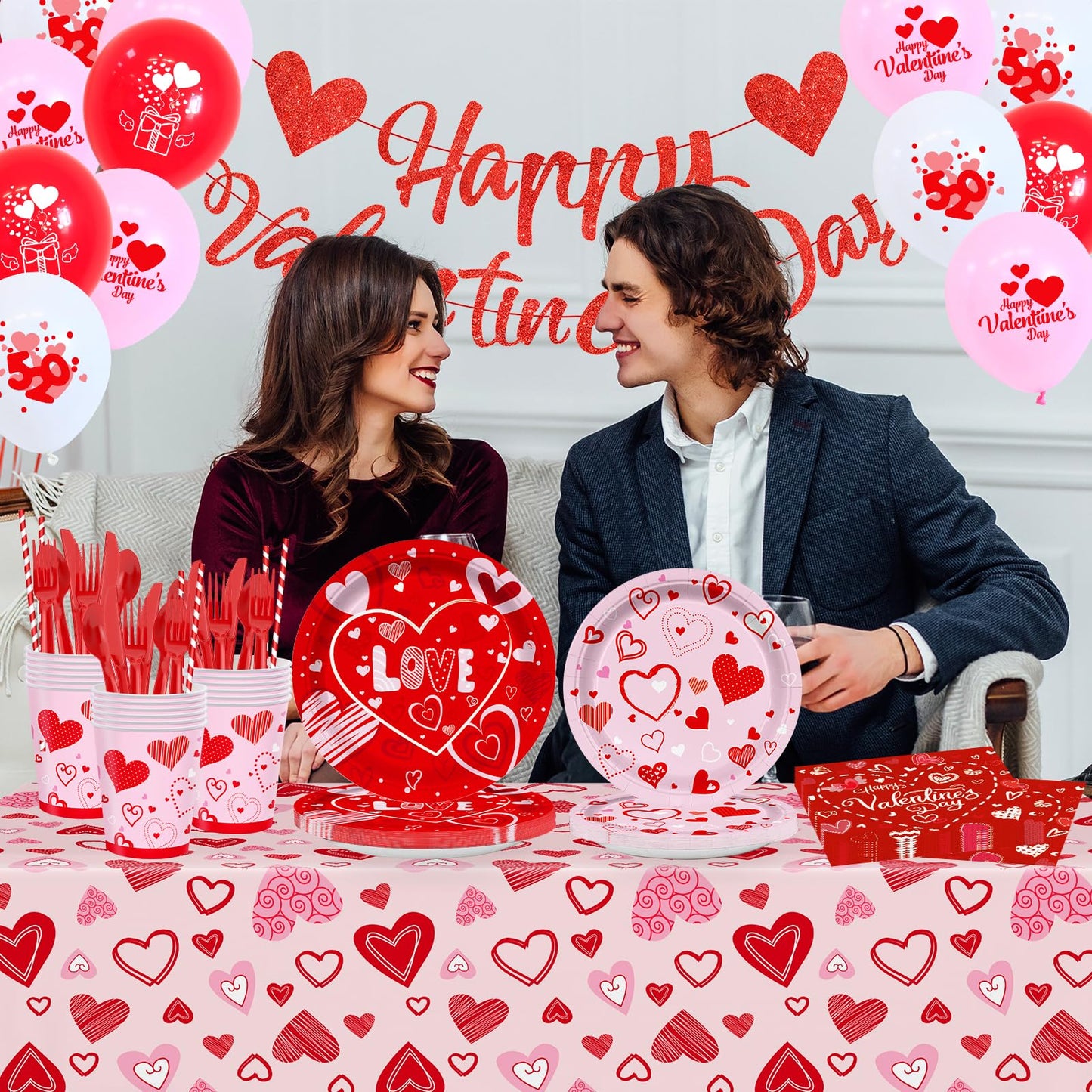 Valentine's Day Party Supplies – Serve 16 with Heart Plates, Napkins, Cups & Tablecloth