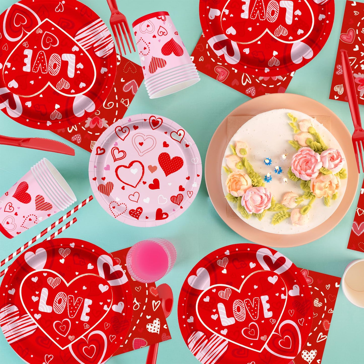 Valentine's Day Party Supplies – Serve 16 with Heart Plates, Napkins, Cups & Tablecloth