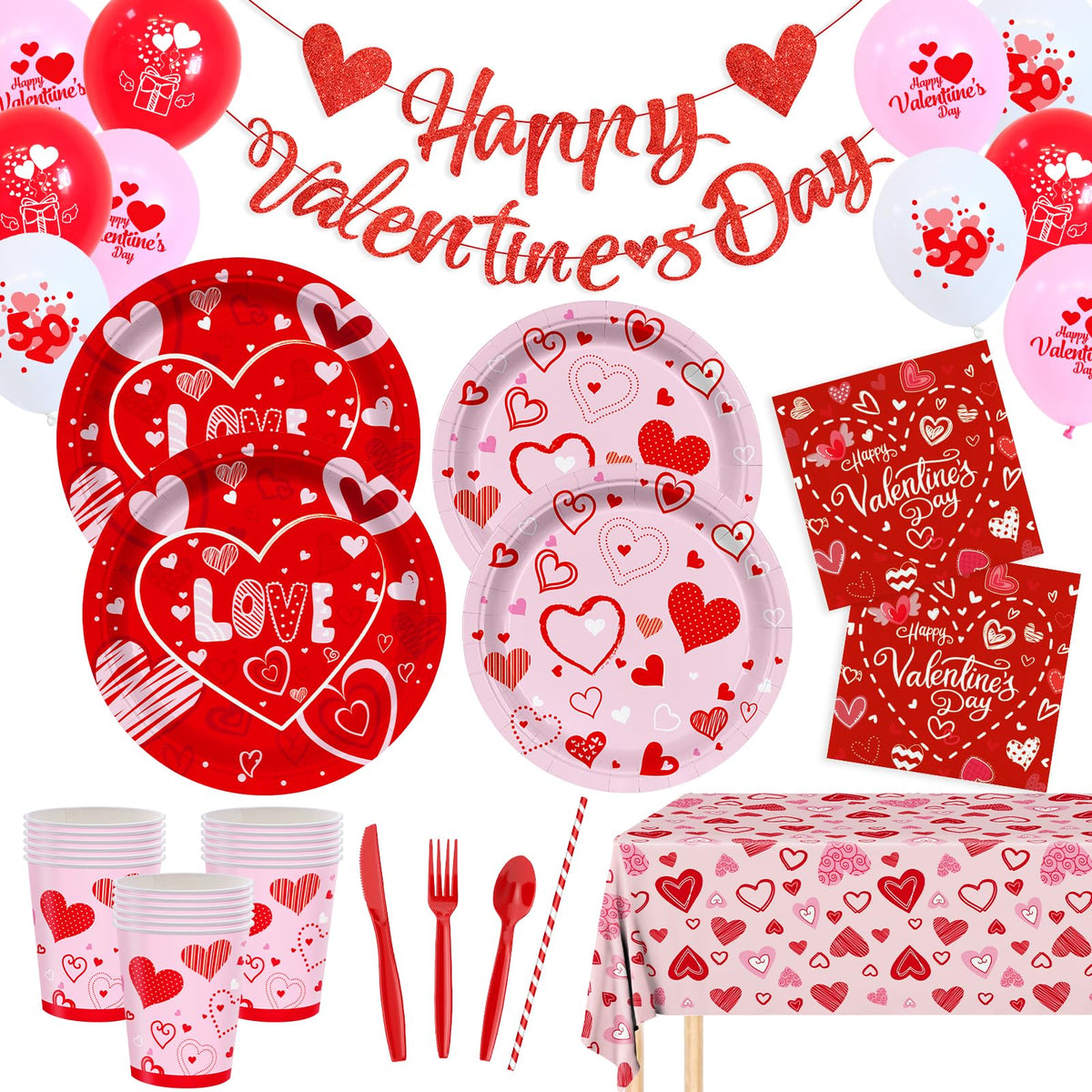 Valentine's Day Party Supplies – Serve 16 with Heart Plates, Napkins, Cups & Tablecloth