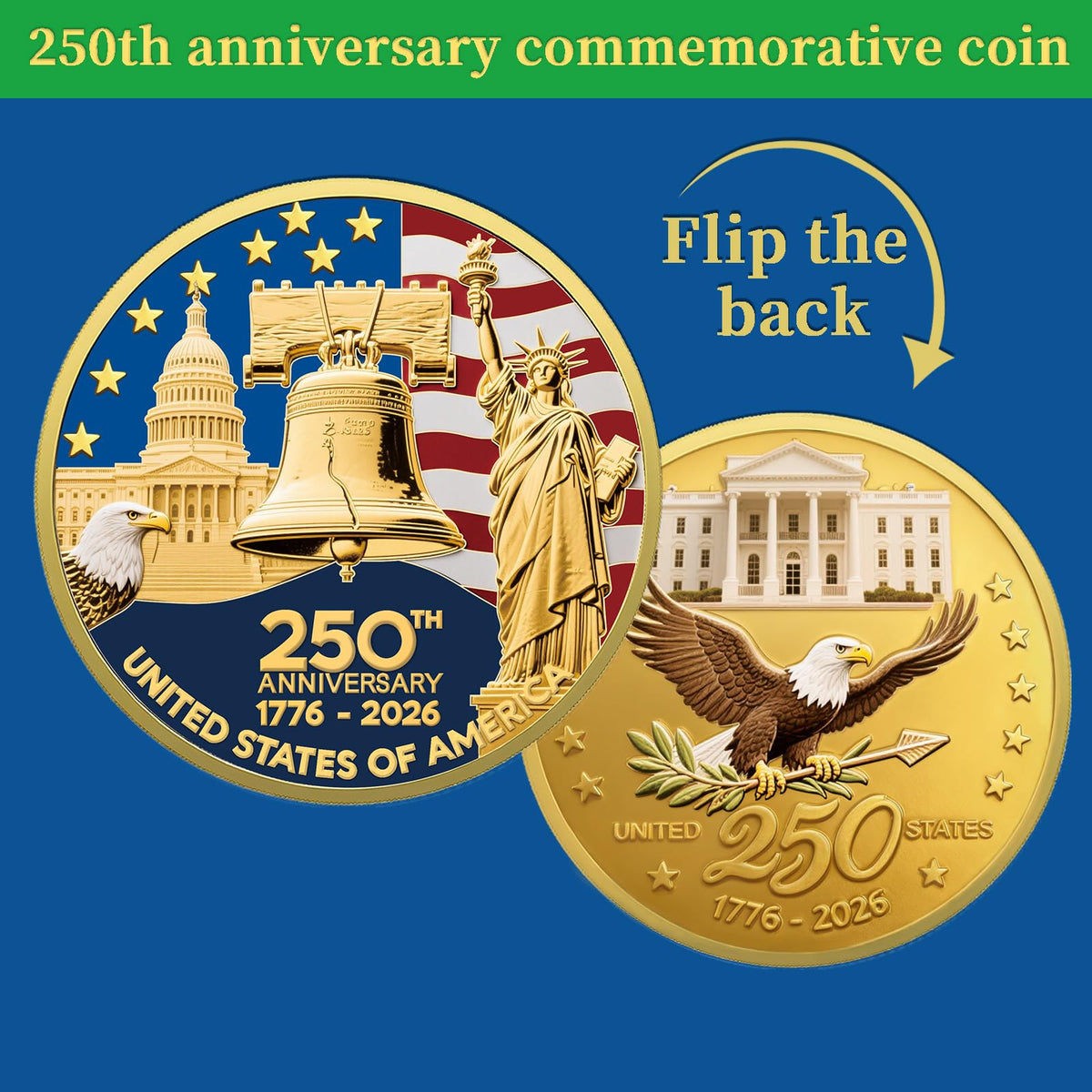 Valorforge Upgrade 1.77-Inch 250th Anniversary Coin – Golden American Flag & Liberty Bell Design