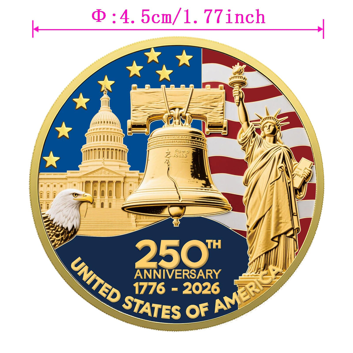 Valorforge Upgrade 1.77-Inch 250th Anniversary Coin – Golden American Flag & Liberty Bell Design