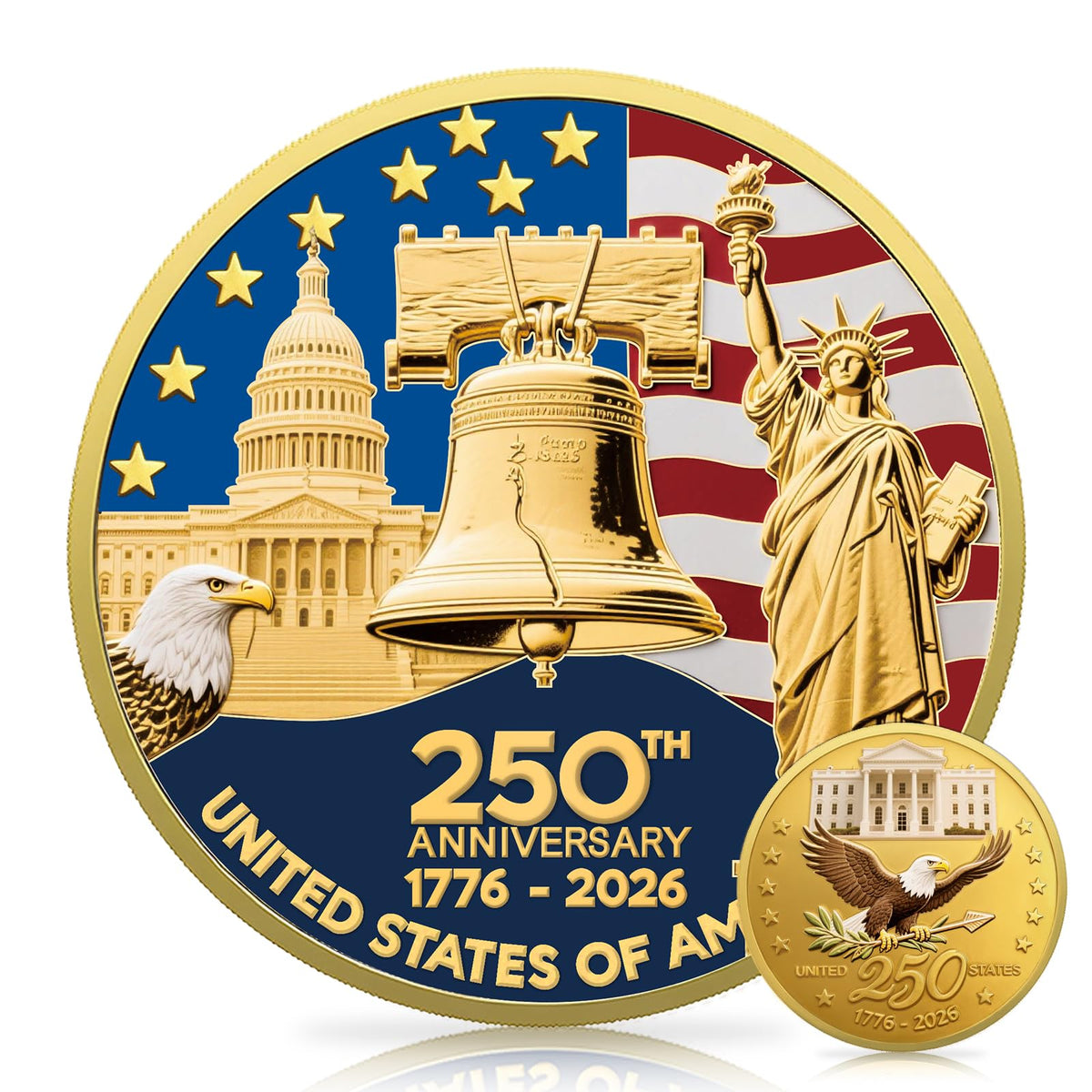 Valorforge Upgrade 1.77-Inch 250th Anniversary Coin – Golden American Flag & Liberty Bell Design