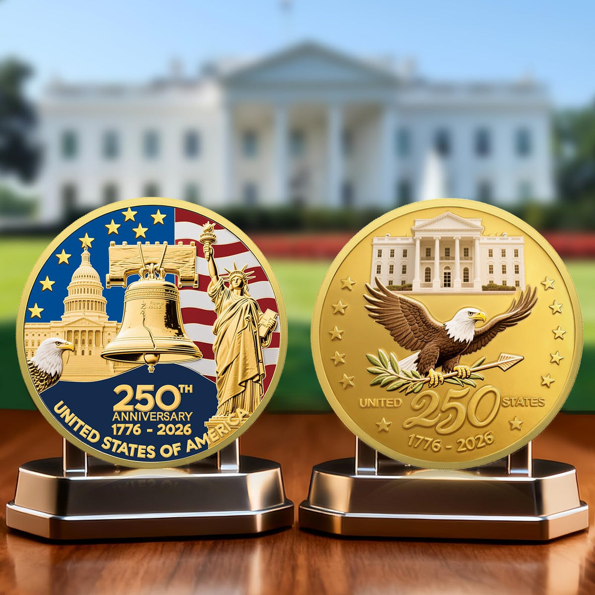 Valorforge Upgrade 1.77-Inch 250th Anniversary Coin – Golden American Flag & Liberty Bell Design