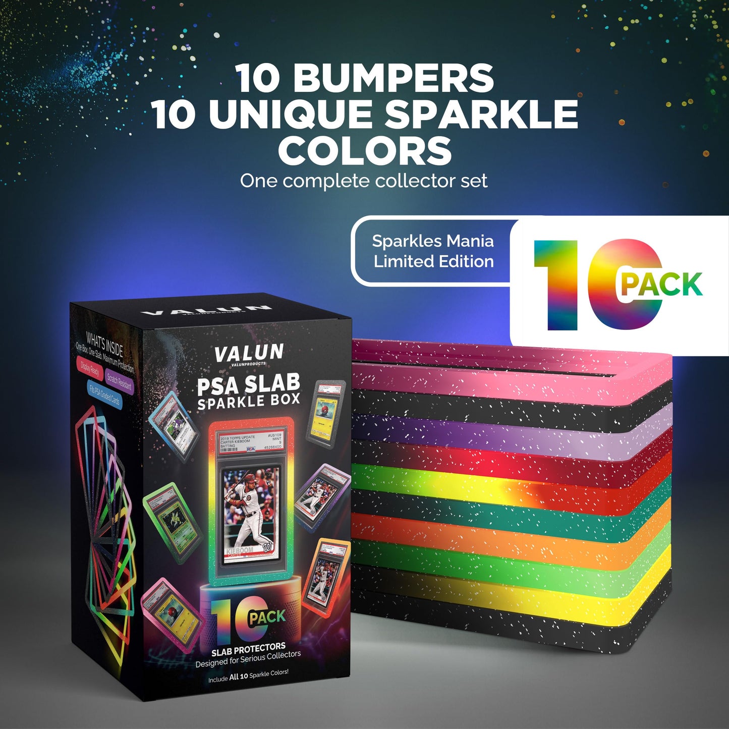 VALUN PSA Slab Bumper 10-Pack (Sparkle Mania Limited Edition) – Hard TPU Protector for PSA Slabs