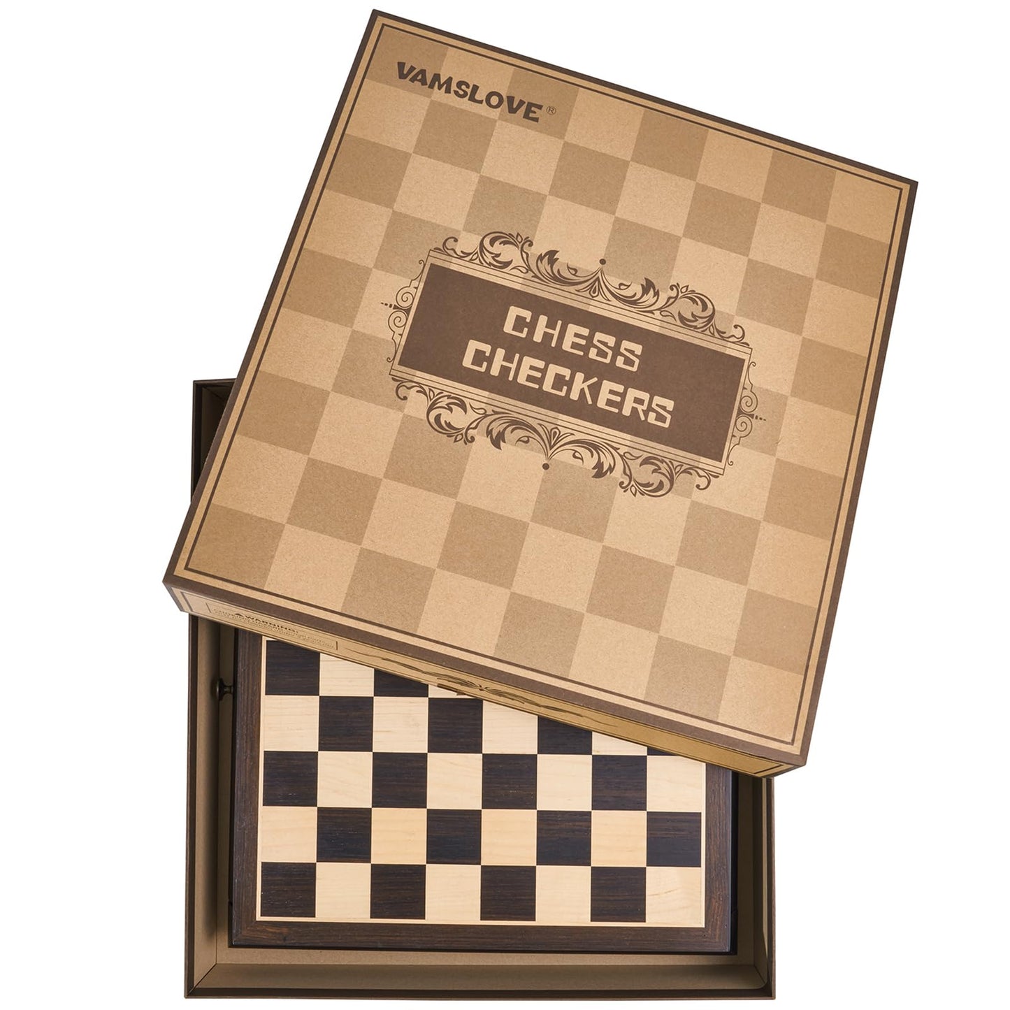 Vamslove Wooden Chess & Checkers Set — 15.5-Inch Board, Drawer Storage, Weighted Pieces, 2 Extra Queens
